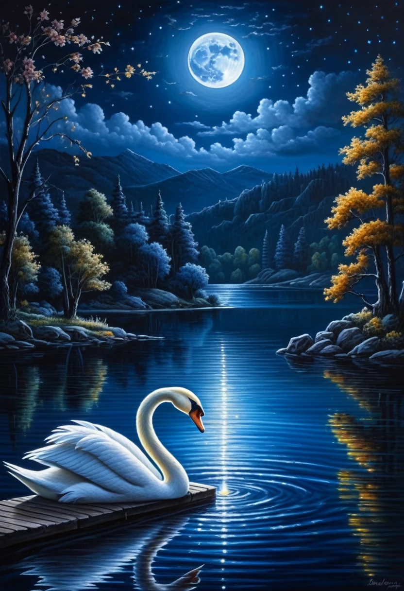 starry dark blue night at the lake, shelf, full moon, swan, painting of light, colorful and magical lights, (masterpiece, best quality, Professional, perfect composition, very aesthetic, absurdres, ultra-detailed, intricate details:1.3)