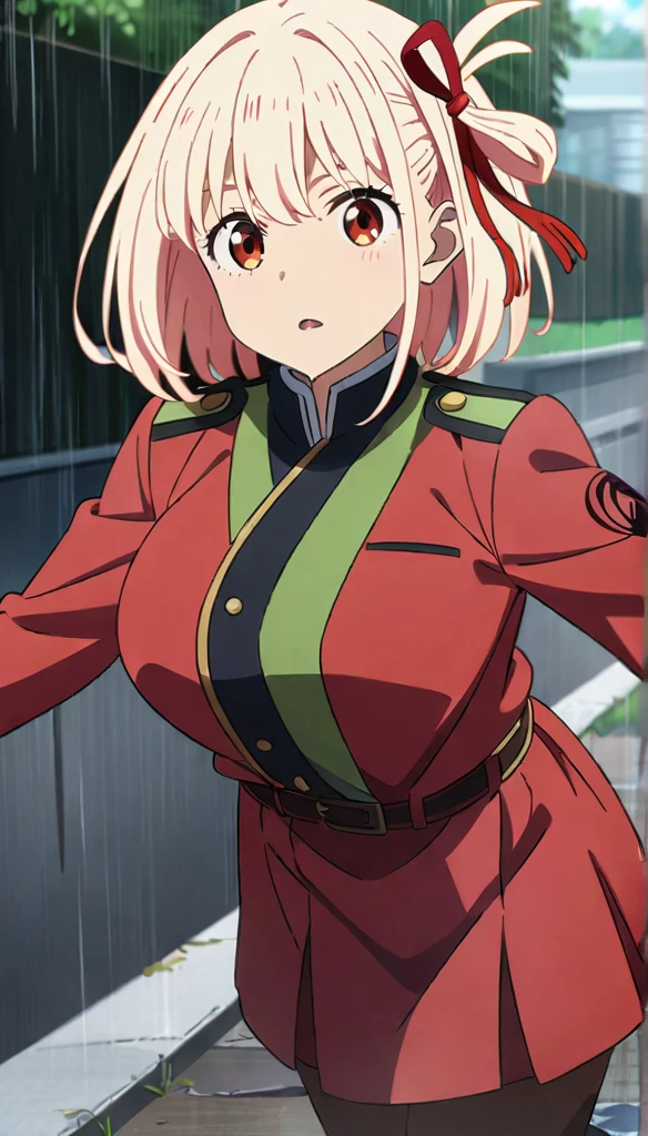 1girl, nishikigi chisato, lycoris recoil, Running in the rain, outdoor, large breast, anime artwork, anime style, key visual, vibrant, studio anime, highly detailed, masterpiece, best quality, very aesthetic, absurdres