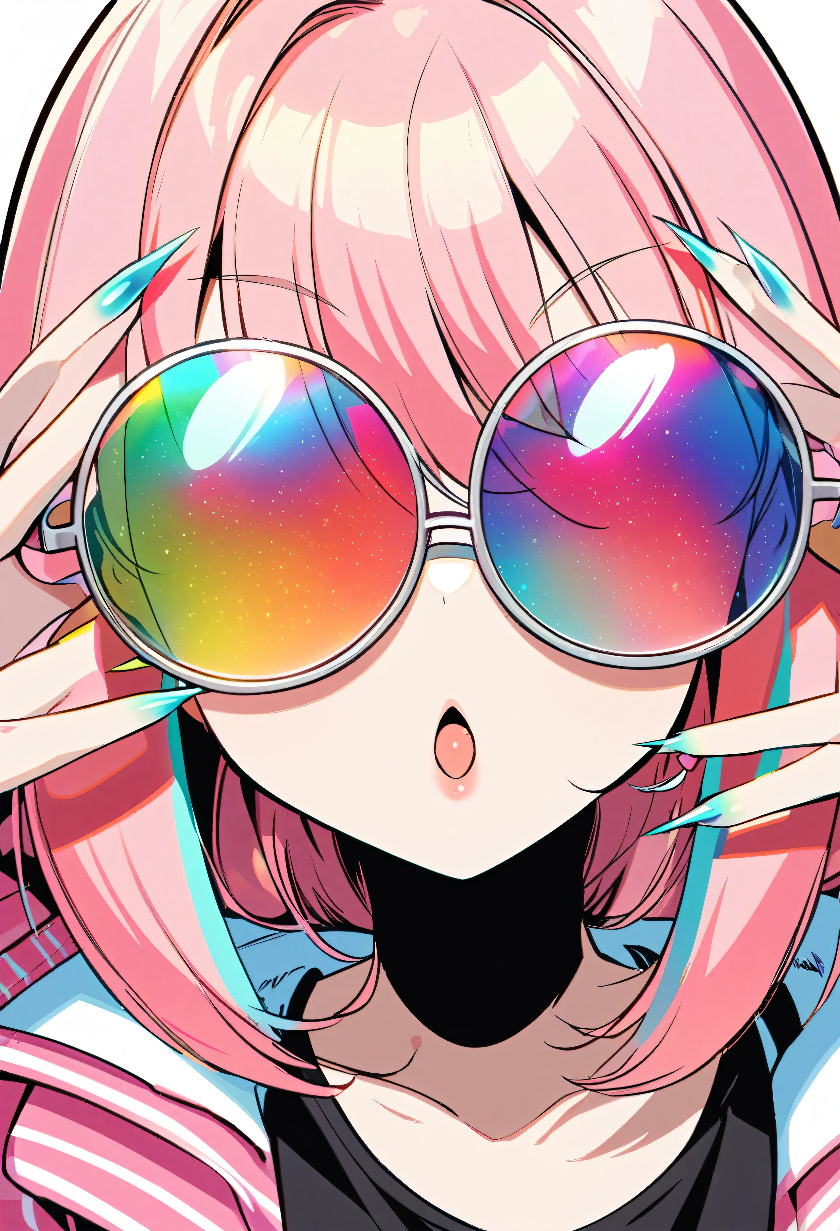 A woman with pink hair wearing futuristic round glasses with colorful jewels on the frames covering her eyes, long sharp nails, cute anime style, Y2K aesthetic, simple background, black tank top, pink Striped jacket,