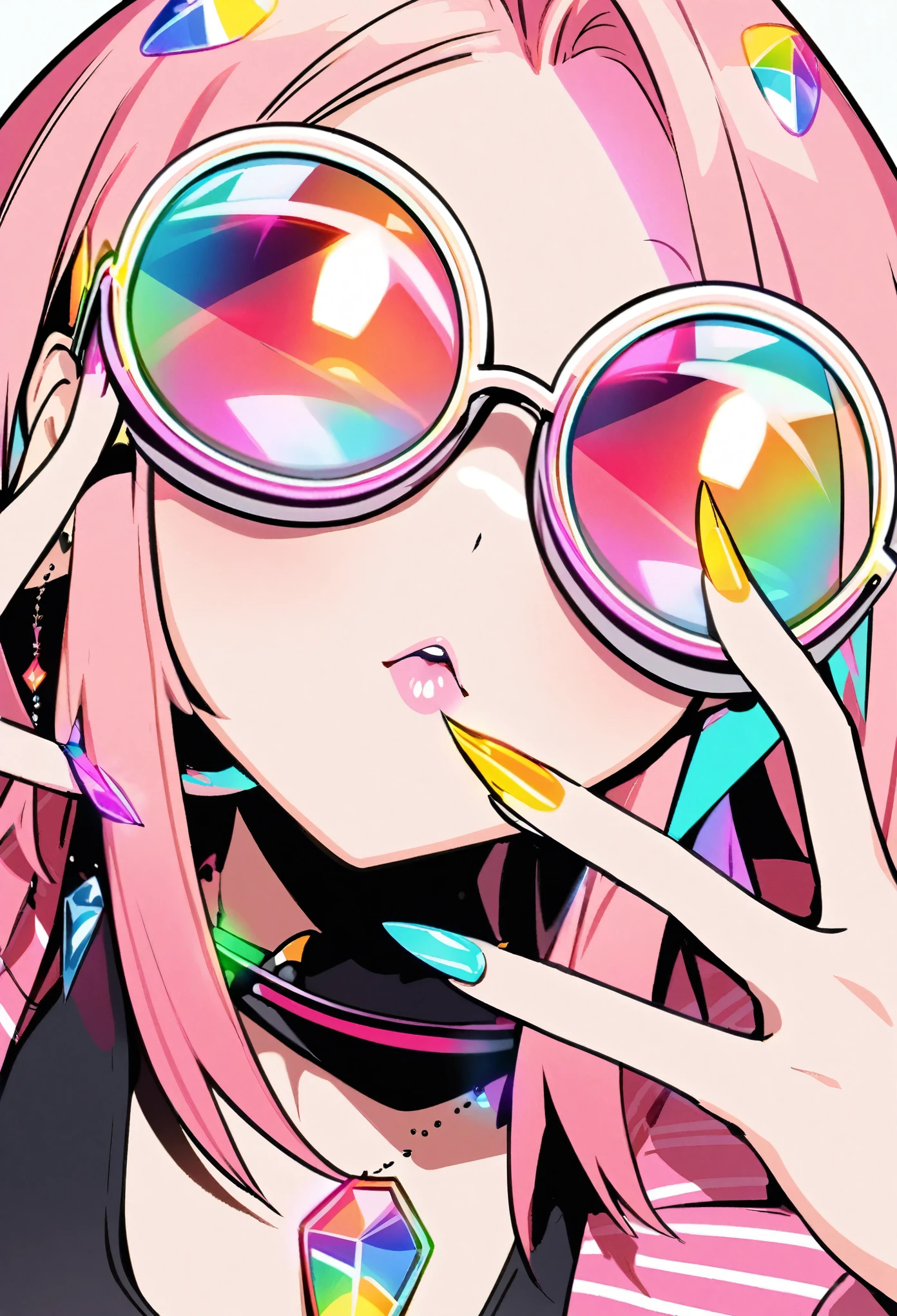 A woman with pink hair wearing futuristic round glasses with colorful jewels on the frames covering her eyes, long sharp nails, cute anime style, Y2K aesthetic, simple background, black tank top, pink Striped jacket,
