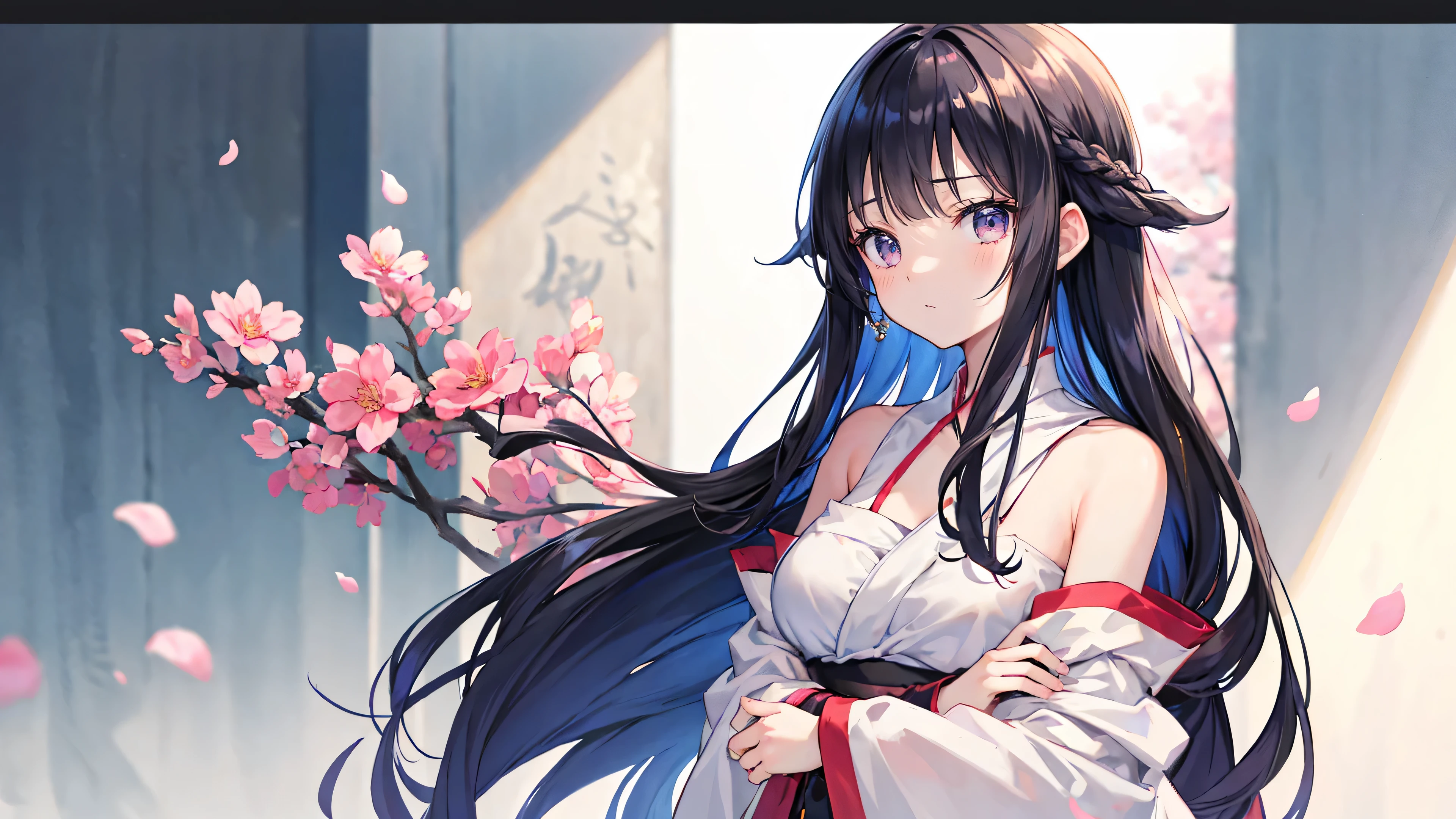 Normal of chest、masterpiece、8K wallpapers incorporating detailed CG、Two girls and two boys、14 years old、Baby Face、beautiful、Genuine、Blurred、Blurred_background、Blurred_prospect、branch、Plum offlower、depth_of_Field、flower、gem、nose、Realistic、pale black hair、alone、Shrine maiden costume、Hide your fingers、Hide your arms、Just put on a bra、whole body、Long Hair、Straight bangs、