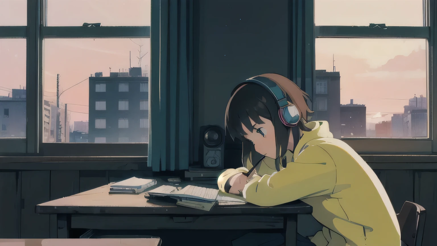 A girl studying with headphones on in a room at night,Large windows,