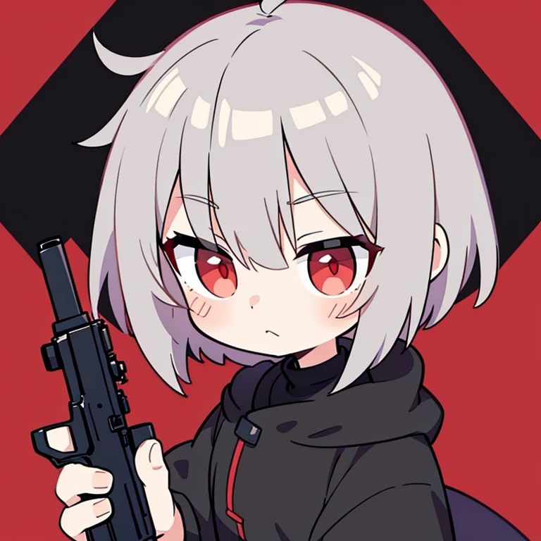 Gray Hair Very short hair Red eyes 1Human Boy 銃を突き付けてこっちをLook down Look down A calm face point a gun at someone Black clothes The gun is a pistol