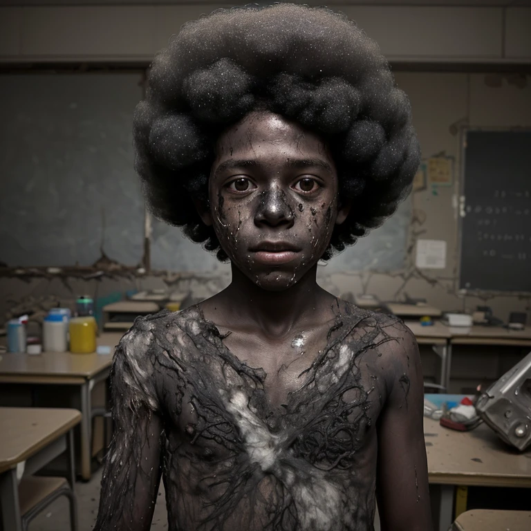 A selfie of a boy in elementary school, covered in soot and with an afro, in tatters after an explosion in the science lab