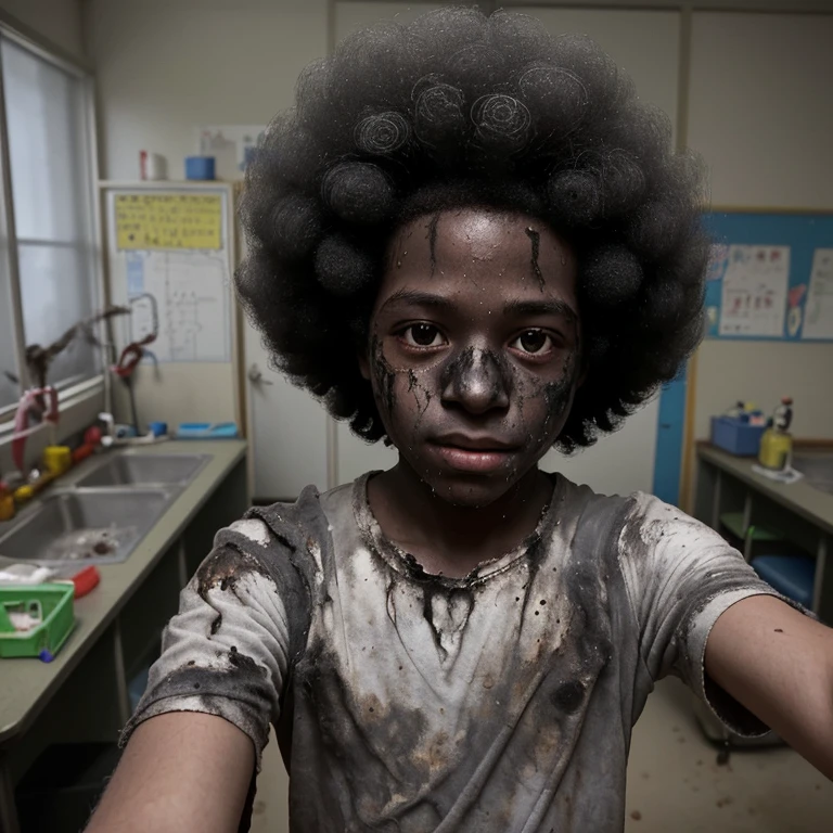 A selfie of a boy in elementary school, covered in soot and with an afro, in tatters after an explosion in the science lab