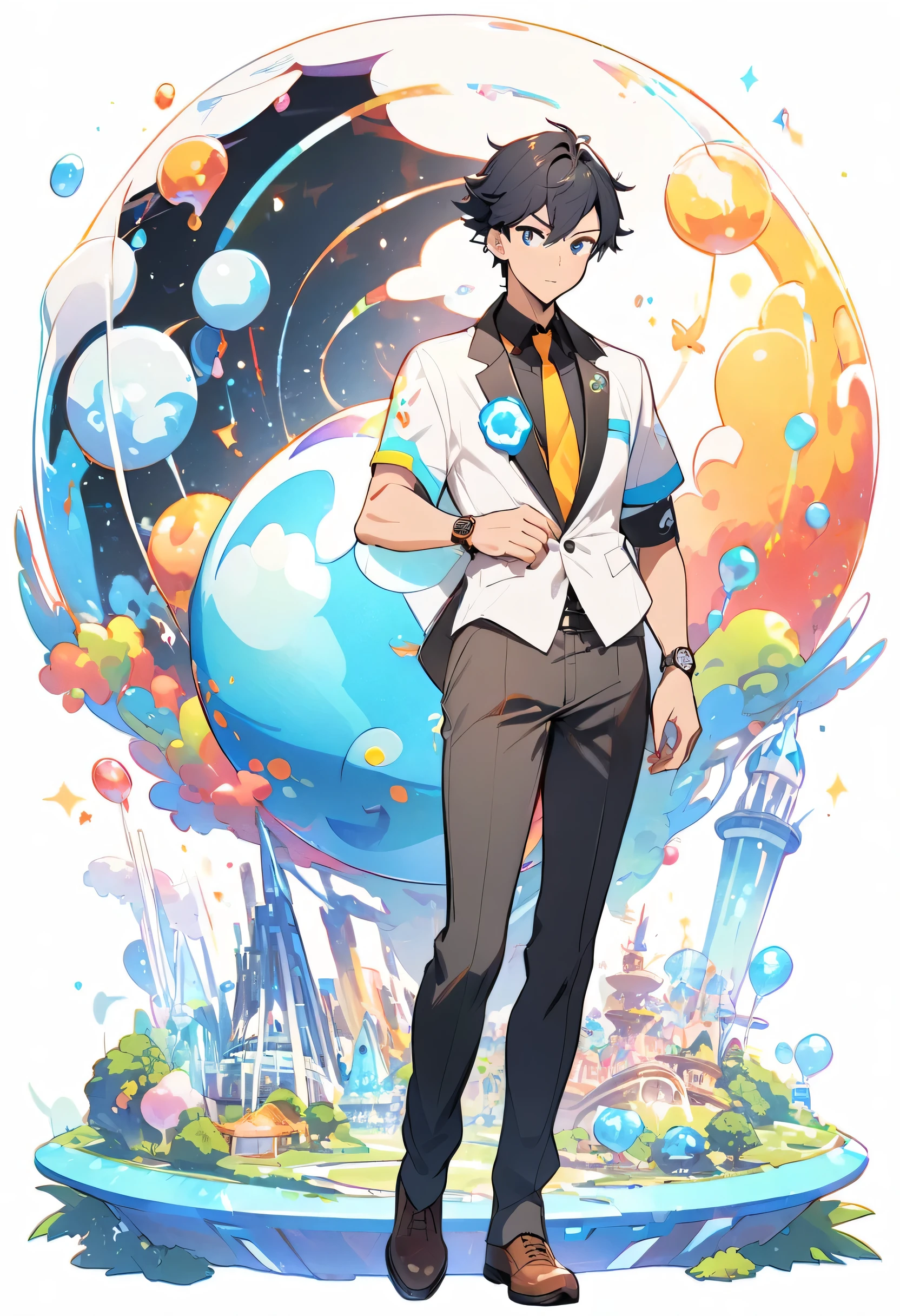 White background，high quality，future world，Full body portrait，1 Boy，Black Hair，Pokémon Trainer Costume，watch