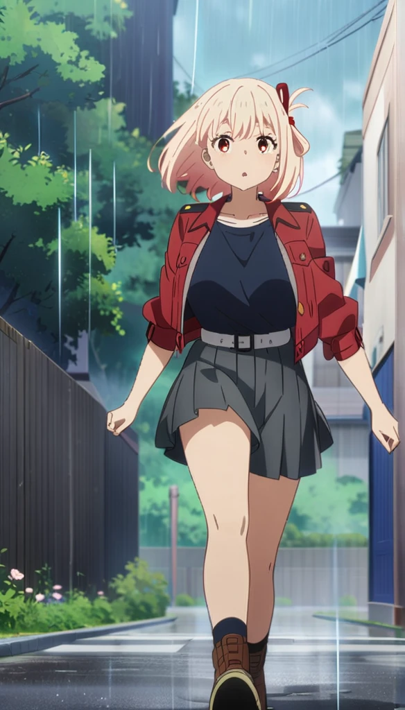 1girl, nishikigi chisato, lycoris recoil, Running in the rain, outdoor, large breast, anime artwork, anime style, key visual, vibrant, studio anime, highly detailed, masterpiece, best quality, very aesthetic, absurdres