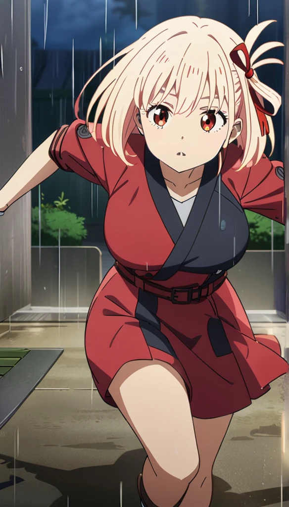 1girl, nishikigi chisato, lycoris recoil, Running in the rain, outdoor, large breast, anime artwork, anime style, key visual, vibrant, studio anime, highly detailed, masterpiece, best quality, very aesthetic, absurdres