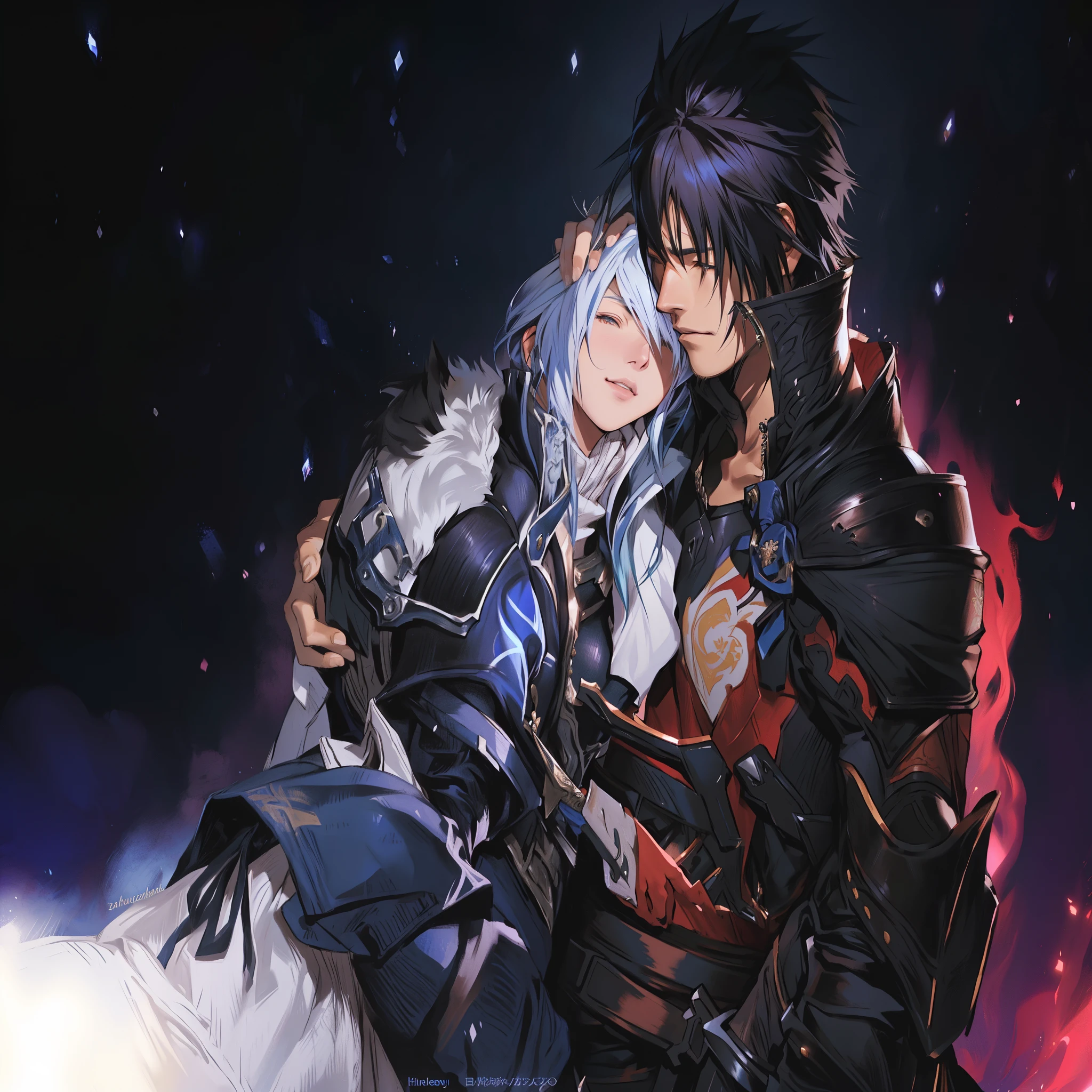 anime, Final fantasy xvi, clive and jill, hombre y mujer abrazados, destellos de fuego y hielo, amor, kazuya takahashi, tetsuya nomura, calidez, insane details.