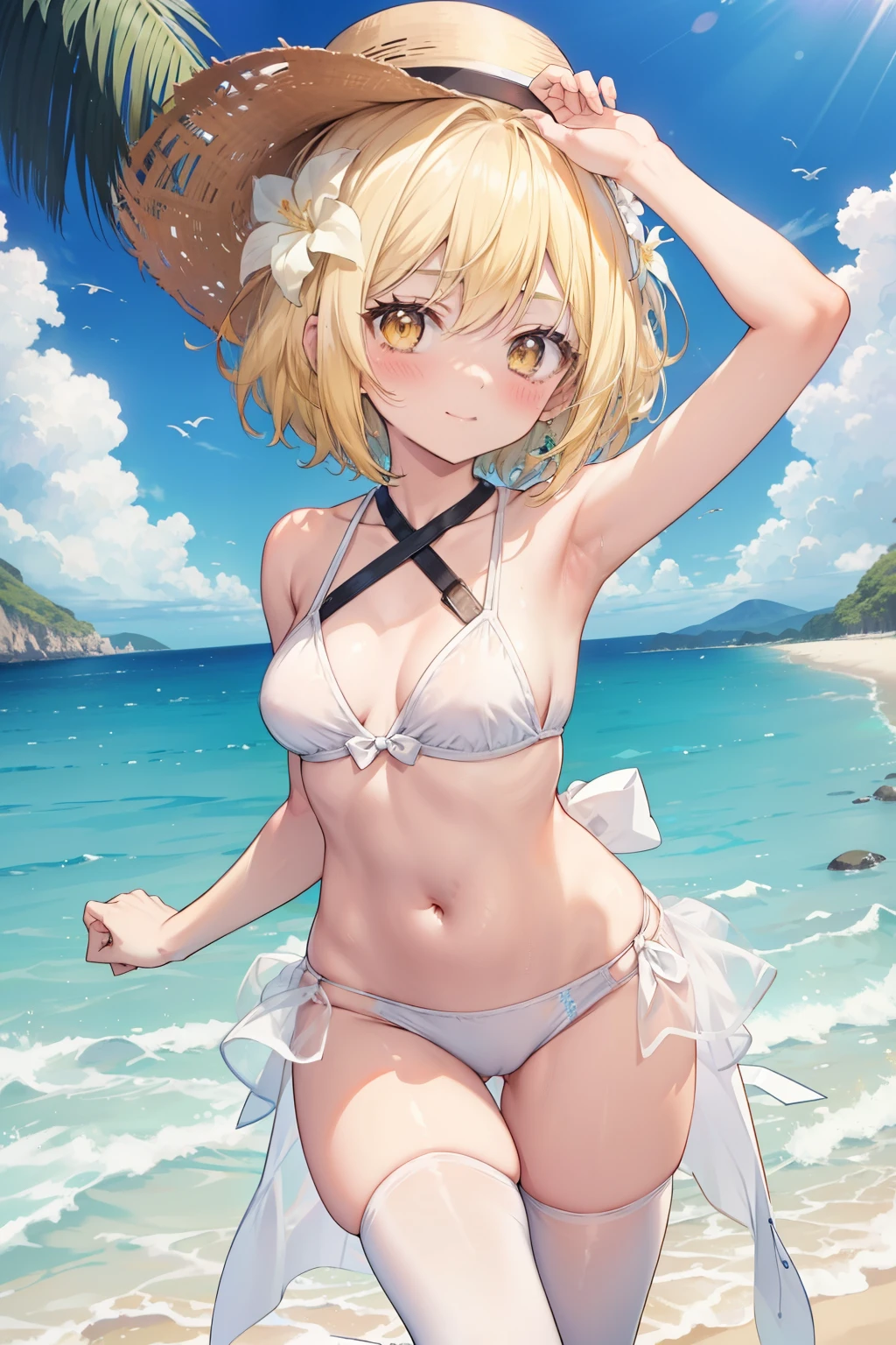 A young girl stands in front of a man and looks down on him、1girl、((looking at foot))、()、Young face、(seductive grin)、Messy Hair、Twin tails、Blonde、(Forehead), (((cute lace panties)))、Short One Piece Dresses、Small breasts, Underboob、((belly button)), Sandals、(((in train)))、Thighs、((sexy))、(((foot lift))), ((Angle from below)), 