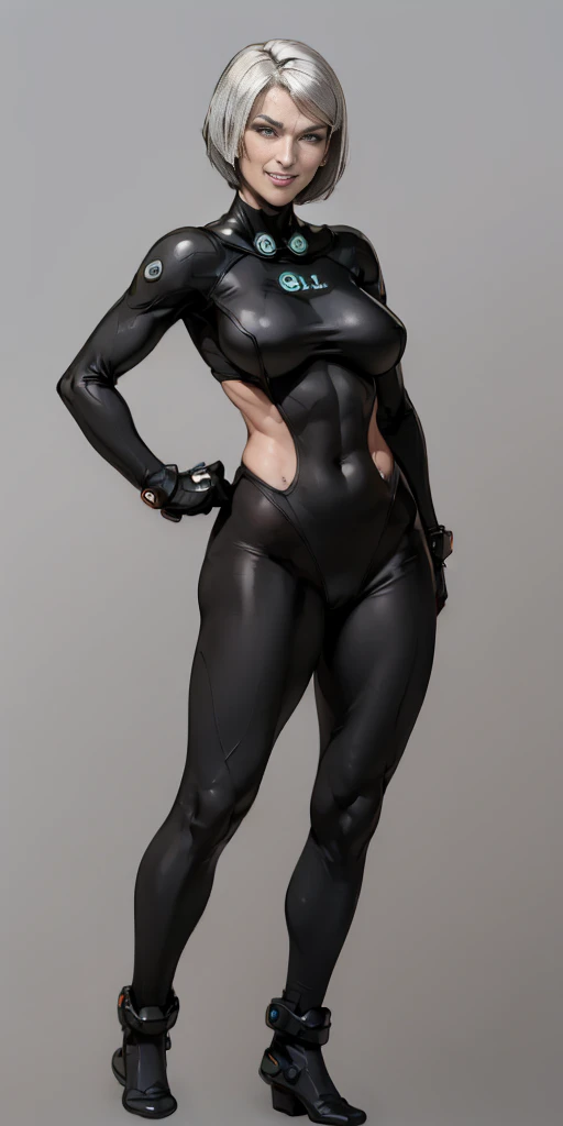 ((Plain background 1:2)) (Cammy White Street Fighter white silver short bob haircut) full body standing straight symmetrical, huge cowboy shot, solo 1MILF, lustful smirking smile face, looking at viewer, hands on hips, gantz suit
