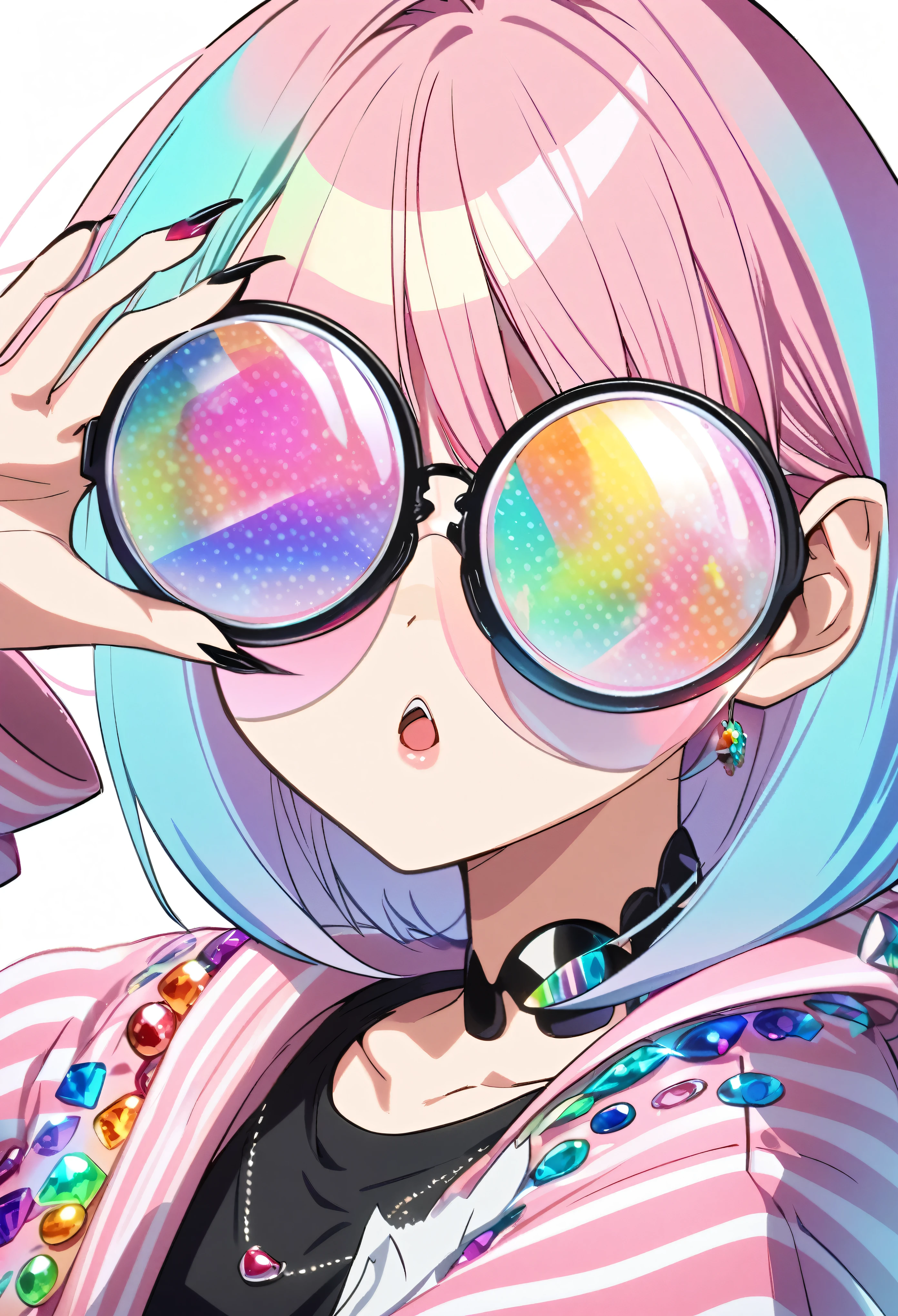 A woman with pink hair wearing futuristic round glasses with colorful jewels on the frames covering her eyes, long sharp nails, cute anime style, Y2K aesthetic, simple background, black tank top, pink Striped jacket,