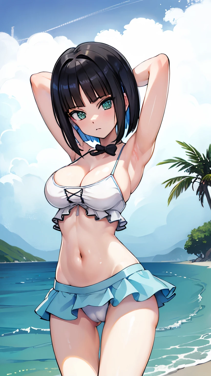 (High reality photograph, high resolusion, detailed face, detailed eyes), 1girl, (gaunt, short stature:1.5), 20 years old, (urbikini:1.5), cute face, (cameltoe:1.3), (narrow waist:1.4), (thin legs:1.4), (big breasts:1.5), (Showcasing all cleavage:1.5), emerald eyes, (cute eyes:1.4), (pale skin:1.4), (shiny skin:1.4), (armpit:1.3), (open legs:1.4), (full body:1.1), poolside, (erect nipples:1.1)