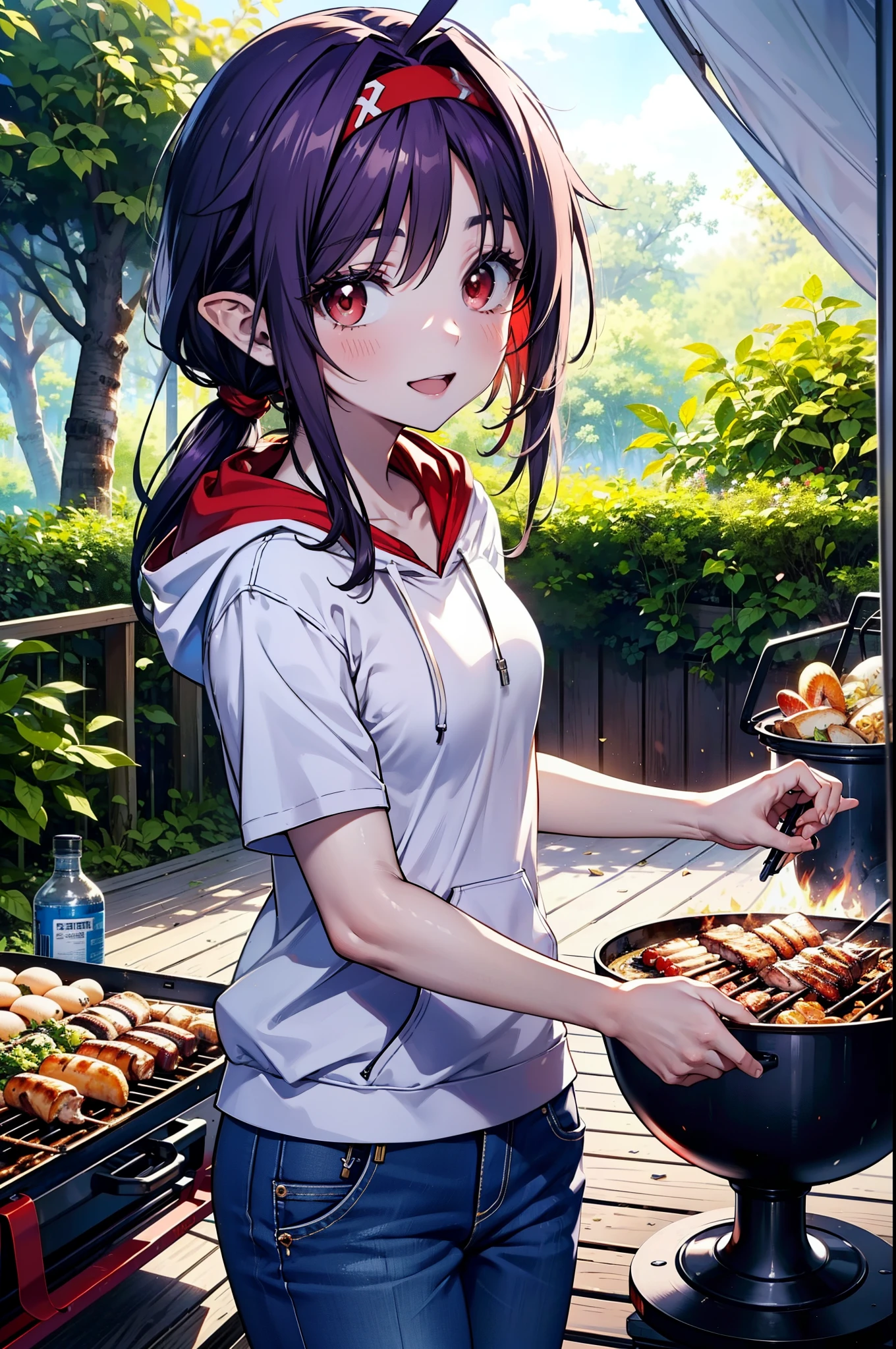 yuukikonno, Konno Yuuki, Long Hair, Pointed Ears, Purple Hair, (Red eyes:1.5), (Small breasts:1.2),smile, Open your mouth,Purple hoodie,Short sleeve,Baseball hats,Hoodie hood up,Red tank top shirt,Short denim,Red knee-high socks,High-top sneakers,Daytime,Clear skies,True Summer,barbecue,tent,
break looking at viewer, Upper Body, whole body,(Cowboy Shot:1. 5),
break outdoors, forest, nature,camp site,
break (masterpiece:1.2), highest quality, High resolution, unity 8k wallpaper, (figure:0.8), (Beautiful fine details:1.6), Highly detailed face, Perfect lighting, Highly detailed CG, (Perfect hands, Perfect Anatomy),