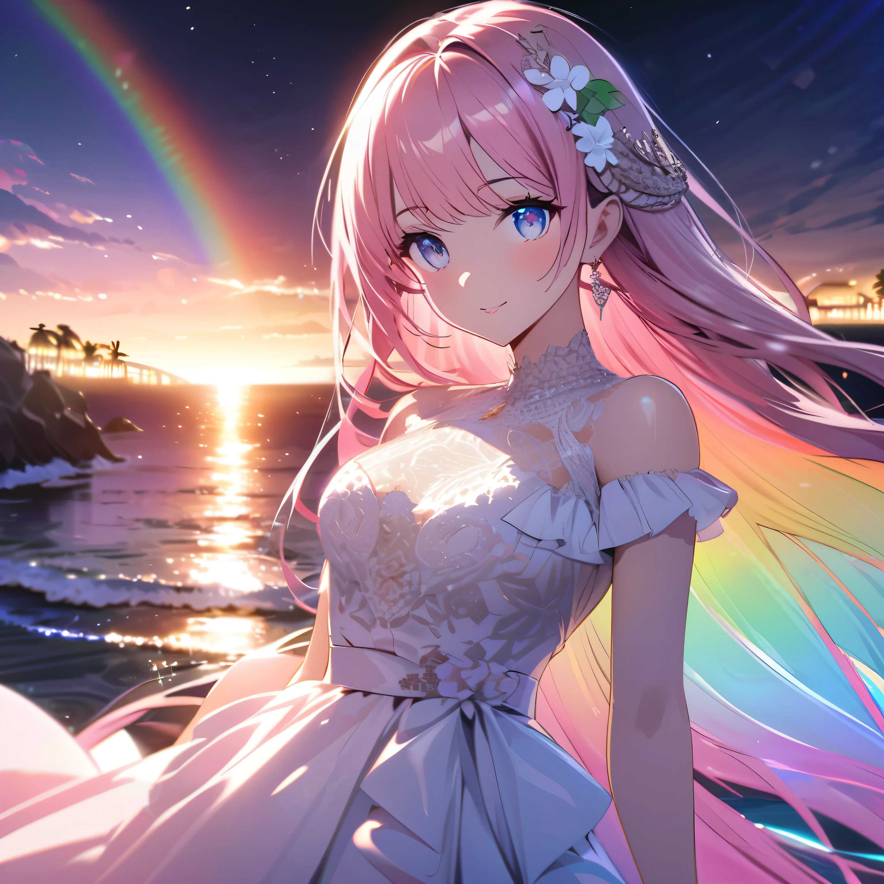 ``A beautiful woman with long pink hair and beautiful eyes wearing an elegant and detailed hawaiian dress.The dress must have intricate designs and patterns to give it a luxurious and luxurious feel.In the background , the image should depict a romantic Hawaiian beach at night with light reflecting off the water and an illuminated bridge across the scene, emphasizing the sparkling effects and rainbows throughout the image. Enhance your look and add special ruffles to your dress to make it stand out.”