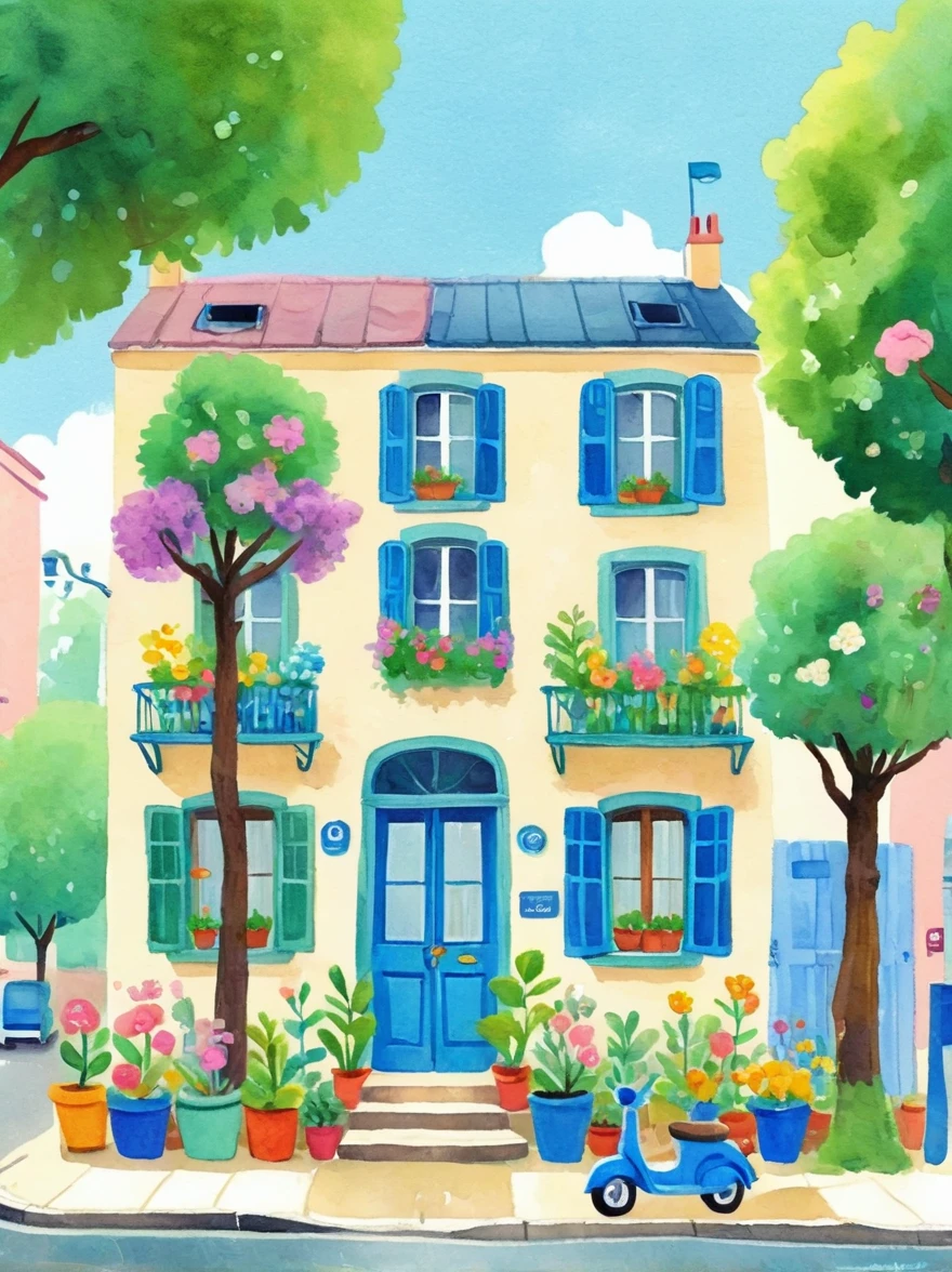 A watercolor painting showing the front view of an art studio in Paris with flowers and trees，Cartoon Style，cartoon trees，Illustration Art，Bright colors，High details，White background，Full Color，high resolution，high-definition，HD，People walking on the sidewalk，The cafe next door has tables outside，There are chairs inside，The building has blue walls，The sky is blue，Sunshine in the style of Hayao Miyazaki