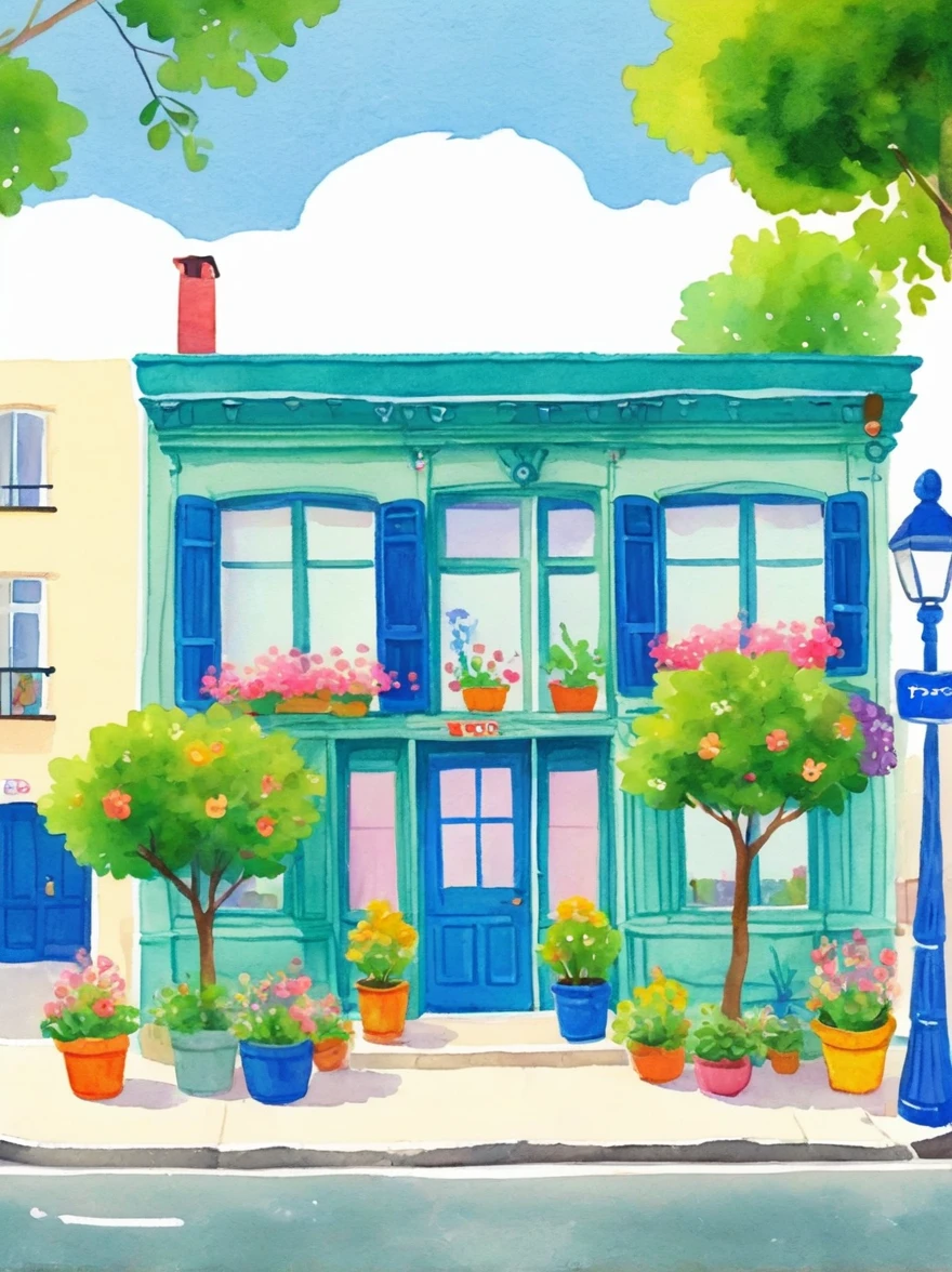 A watercolor painting showing the front view of an art studio in Paris with flowers and trees，Cartoon Style，cartoon trees，Illustration Art，Bright colors，High details，White background，Full Color，high resolution，high-definition，HD，People walking on the sidewalk，The cafe next door has tables outside，There are chairs inside，The building has blue walls，The sky is blue，Sunshine in the style of Hayao Miyazaki