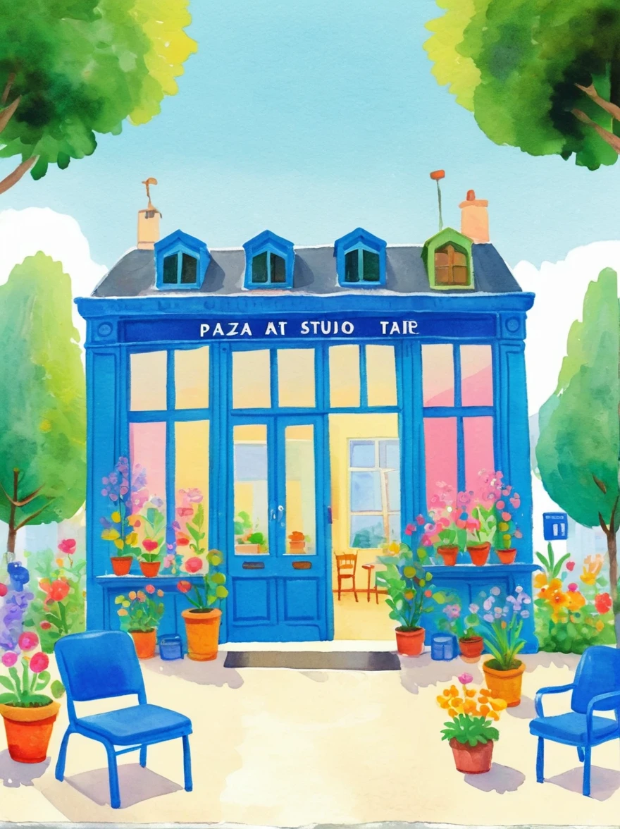 A watercolor painting showing the front view of an art studio in Paris with flowers and trees，Cartoon Style，cartoon trees，Illustration Art，Bright colors，High details，White background，Full Color，high resolution，high-definition，HD，People walking on the sidewalk，The cafe next door has tables outside，There are chairs inside，The building has blue walls，The sky is blue，Sunshine in the style of Hayao Miyazaki