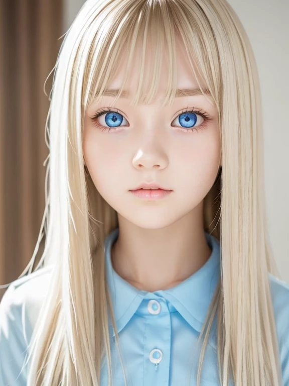 Sexy very beautiful face sexy 14 year old finnish cute girl、The long bangs that hang over the eyes are、Awakened super long silky blonde hair、very beautif、Glowing pale light blue eyes、student clothes、White shiny skin、Small face beauty、Large double eyelids、