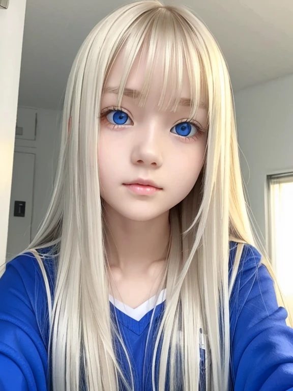 Sexy very beautiful face sexy 14 year old finnish cute girl、The long bangs that hang over the eyes are、Awakened super long silky blonde hair、very beautif、Glowing pale light blue eyes、student clothes、White shiny skin、Small face beauty、Large double eyelids、