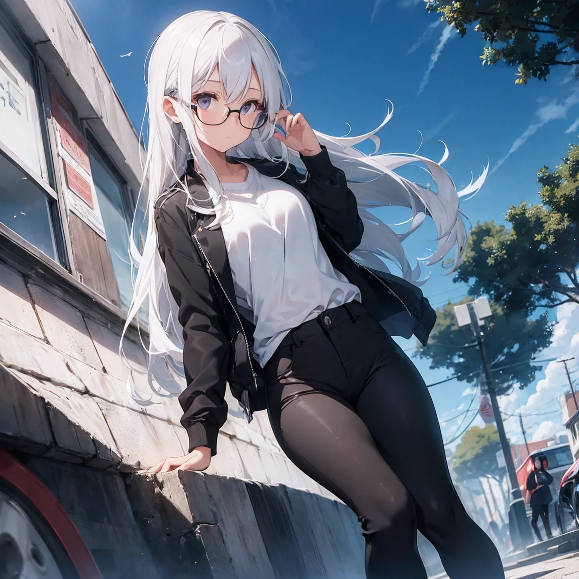 1girl,long black pants,white shirt,black jacket,glasses,long hair,white blue hair, background park