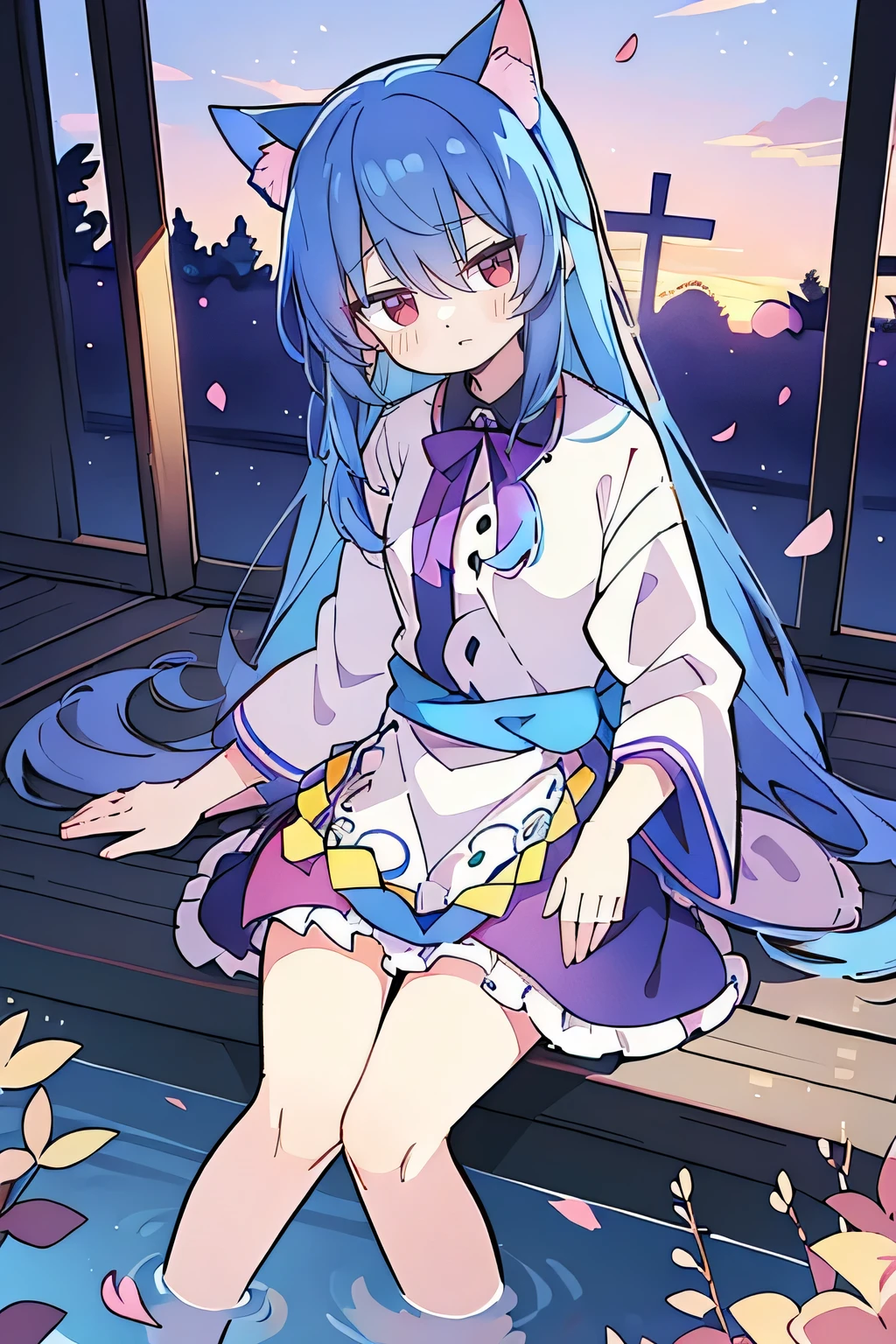 (masterpiece:1.2),Super detailed,Practical,expressive eyes,Fair skin,Perfect face shaping,1 Girl,
Japanese cartoons,Gorgeous blue hair, the long flowing blue hair,Floating clothes,Cat ears,Petals falling,beautiful lola,Young Angel,
Hands on waist,sit elegantly on the ground,Cross your legs,Gentle and peaceful background,Cool and cozy pavilion,Sunset,