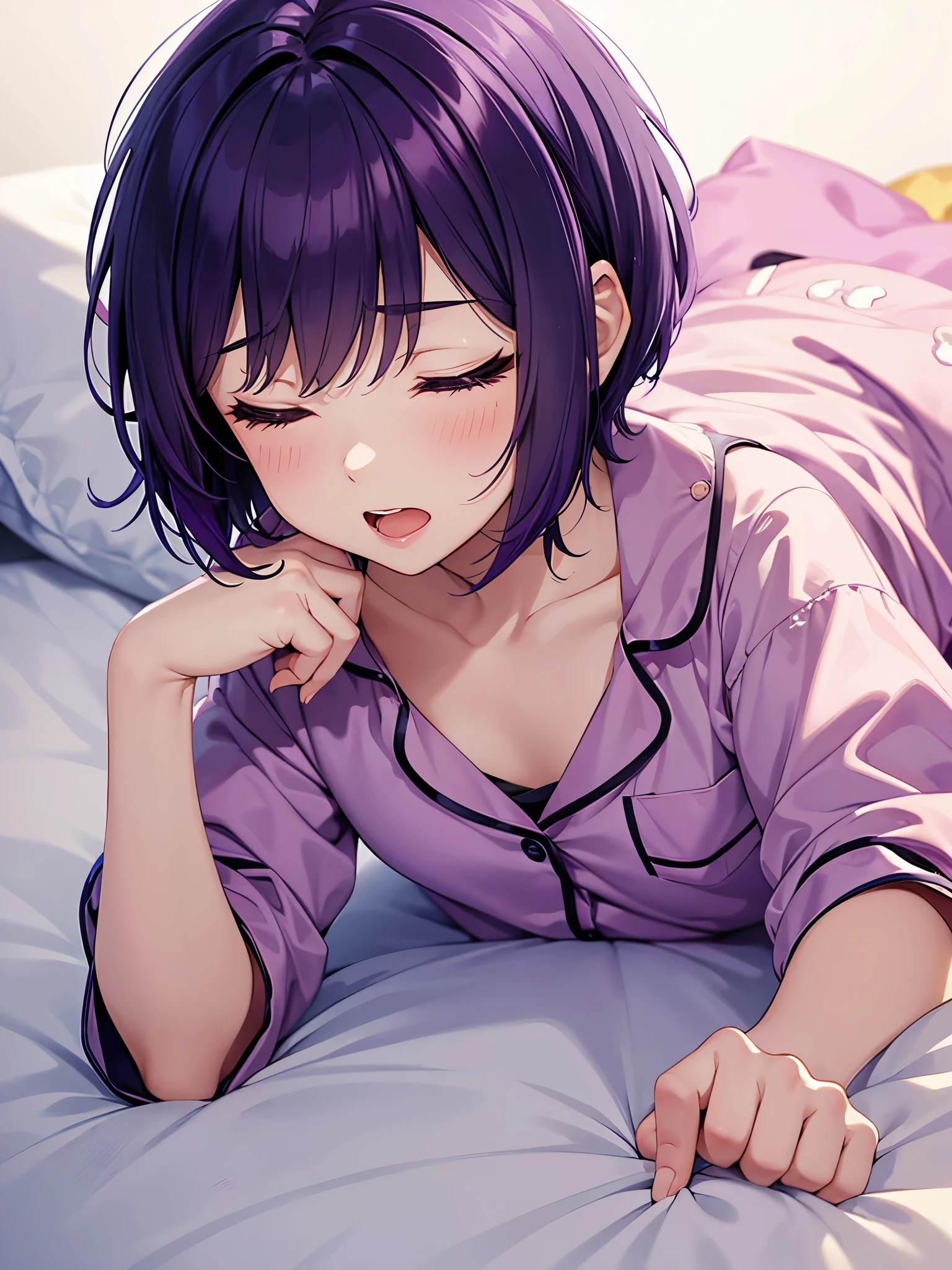 1girl, solo, short hair, open mouth, simple background, closed eyes, purple hair, comic, lying, chibi, on stomach, = =, pajamas, crayon
