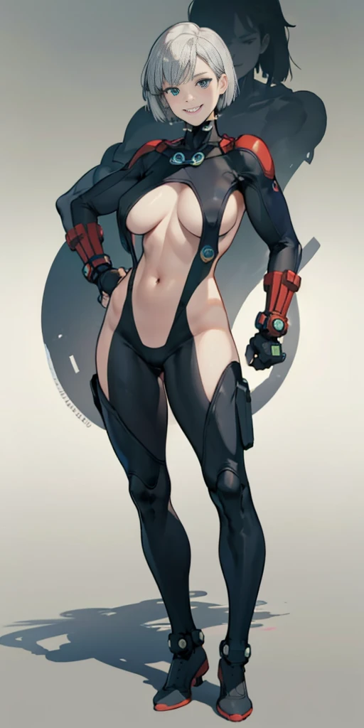 (Cammy White Street Fighter white silver short bob haircut) full body standing straight symmetrical, huge cowboy shot, solo 1MILF, lustful smirking smile face, looking at viewer, hands on hips, gantz suit