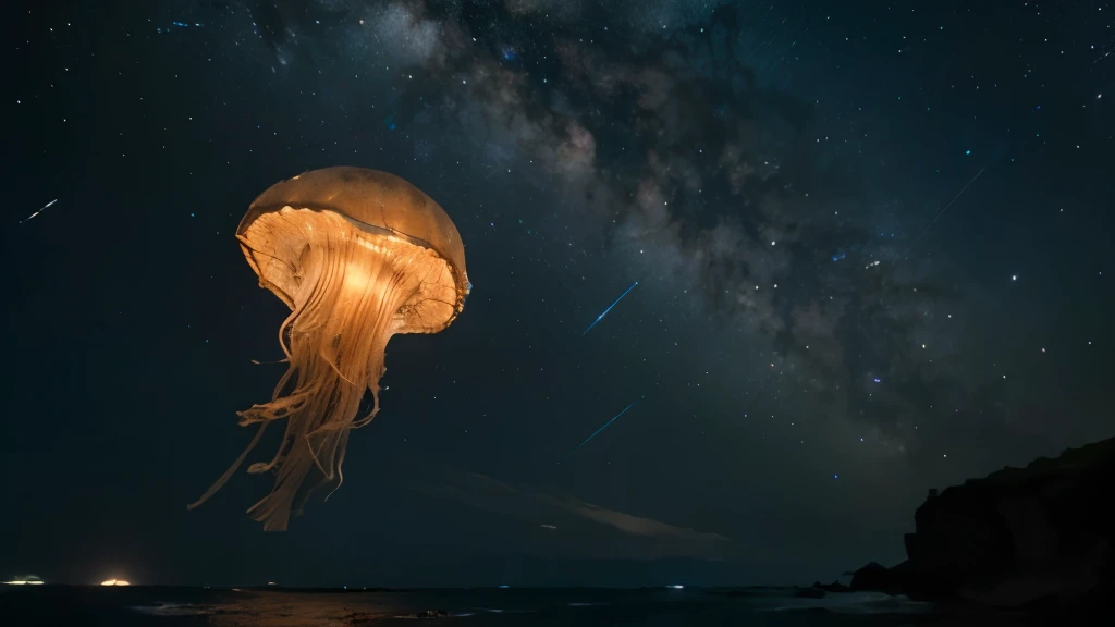 A giant jellyfish flying in the sky, Milky Way, Ocean, Night Sky, Sandy Beach, Space Jellyfish