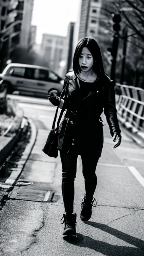 A female zombie is walking、Monochrome