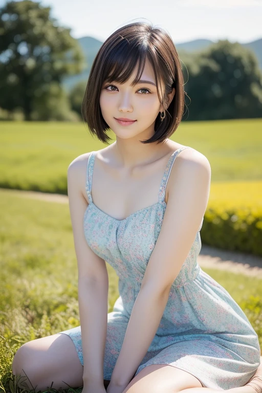 (highest quality:1.5)、(Realistic:1.5)、(1 person:1.5)、(Upper Body:1.5)、Very detailed、High resolution、8k wallpaper、、Small breasts、Natural color lips、Cute Smile、Japanese women、20-year-old girl、Beautiful and elegant face、Perfect and beautiful face、Big eyes、Brunette eyes、Beautiful and elegant face、Natural double eyelids、Natural Bangs、Beautiful thin nose、Beautiful Skin、Chestnut Hair、Medium Bob Hair、Short Hair、Natural Bangs、Perfect and beautiful face、Slim face and figure、(Looking at the camera with a cute expression)、Bright lighting、Professional Lighting、Forward lighting、Cute Smile、Summer blue sky、Grass park on the mountain、Look at the viewers、Low-angle composition、(Staring at the camera with a cute expression)、Bright lighting、Professional Lighting、Forward lighting、Cute Smile、Beautiful clavicle、Beautiful feet:1.2、Smooth Skin、White floral dress、Sit on the grass、wariza, Place your hands between your legs、Sit down、Leaning forward、Shots from low angles、Girl sitting、seiza、