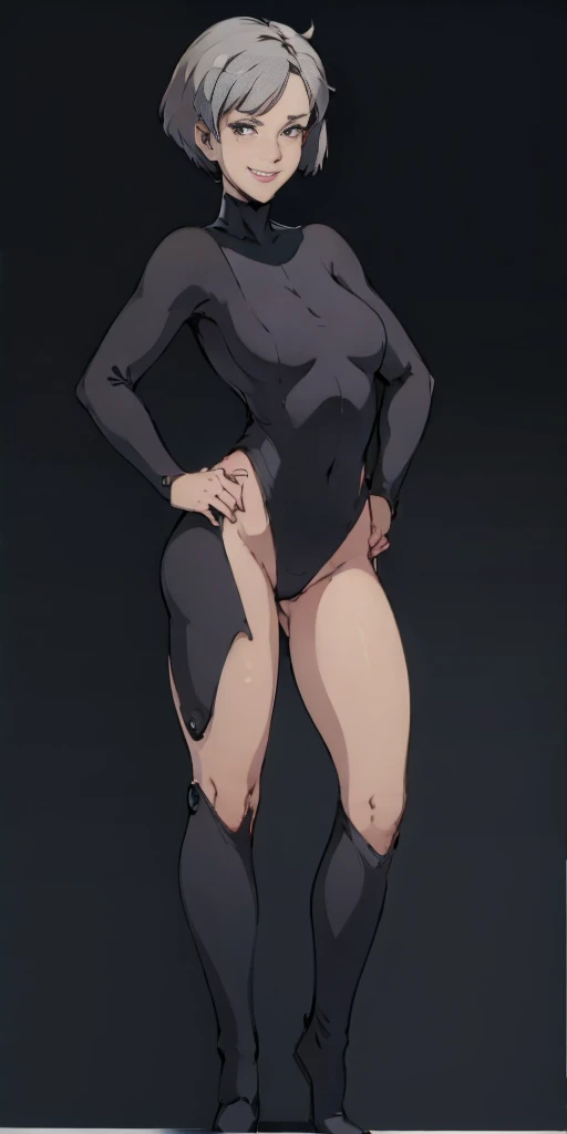 ((Plain background 1:2)) (Ghibli - Kiki's Delivery Service - Kiki and Jiji white silver short bob haircut) full body standing straight symmetrical, huge cowboy shot, solo 1MILF, lustful smirking smile face, looking at viewer, hands on hips, gantz suit