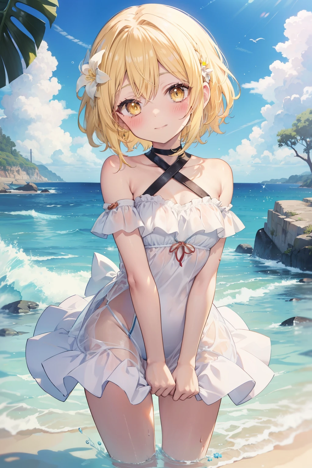 firefly、Good looking girl (blush, Perfect Face), independent , Looking at the camera, masterpiece, Anime art style, Cute Characters, Most detailed, high quality、Nico Nico Smile、There are highlights in the eyes、blonde、The whole body is visible、ta、Small breasts、Braided Short Hair、Flower decoration、Yellow Eyes、Wearing a cute swimsuit、Playing in the sea