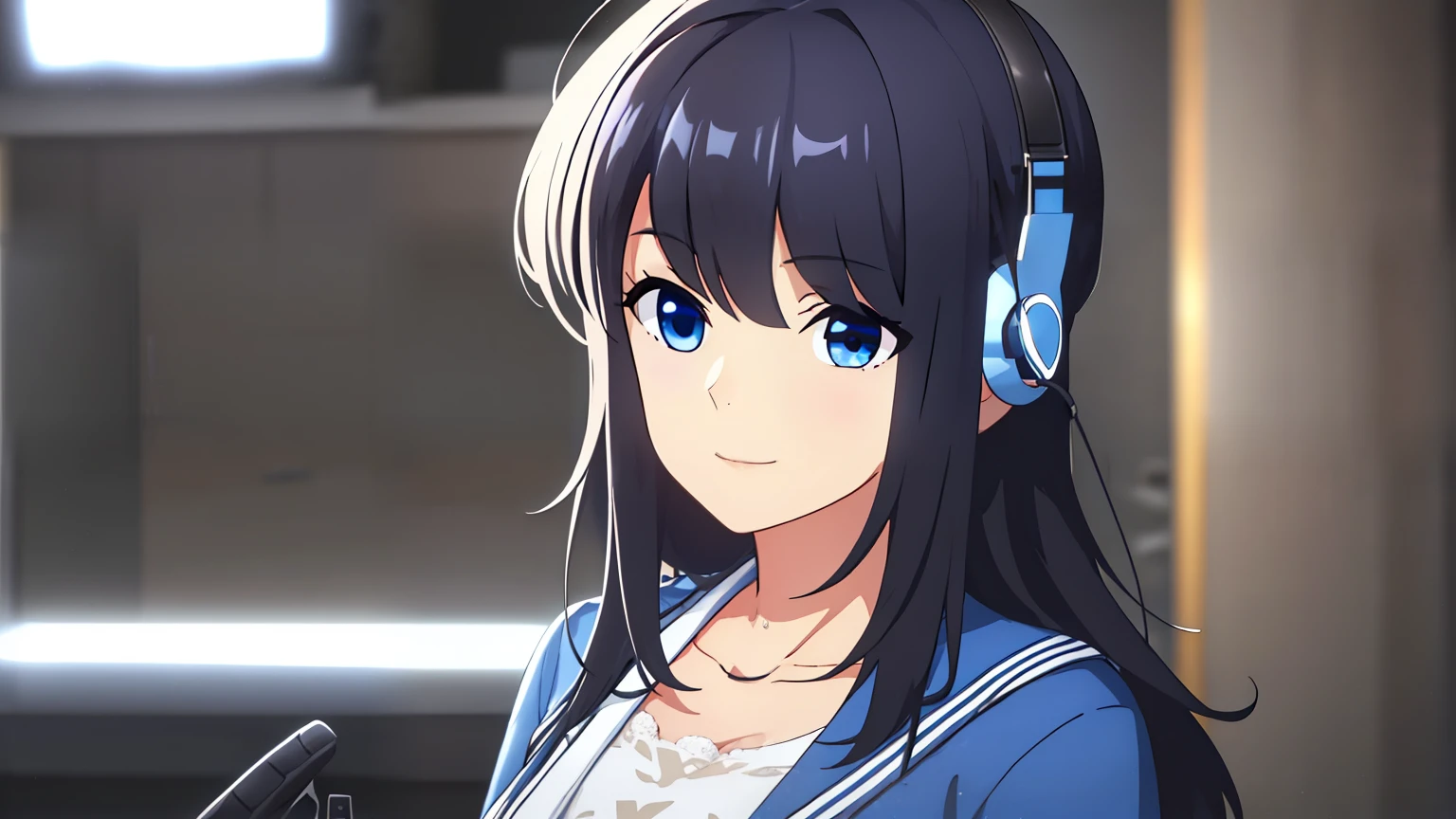 1female, black hair, cerulean eyes, standing, medium breast, casual outfit, stage, dj set, mixer, headphone, on performance, lighting, dark, visual novel cg style, BREAK looking at viewer, BREAK (masterpiece:1.2), best quality, high resolution, unity' 8k wallpaper, (illustration:0.8), (beautiful detailed eyes:1.6), extremely detailed face, perfect lighting, extremely detailed CG, (perfect hands, perfect anatomy)