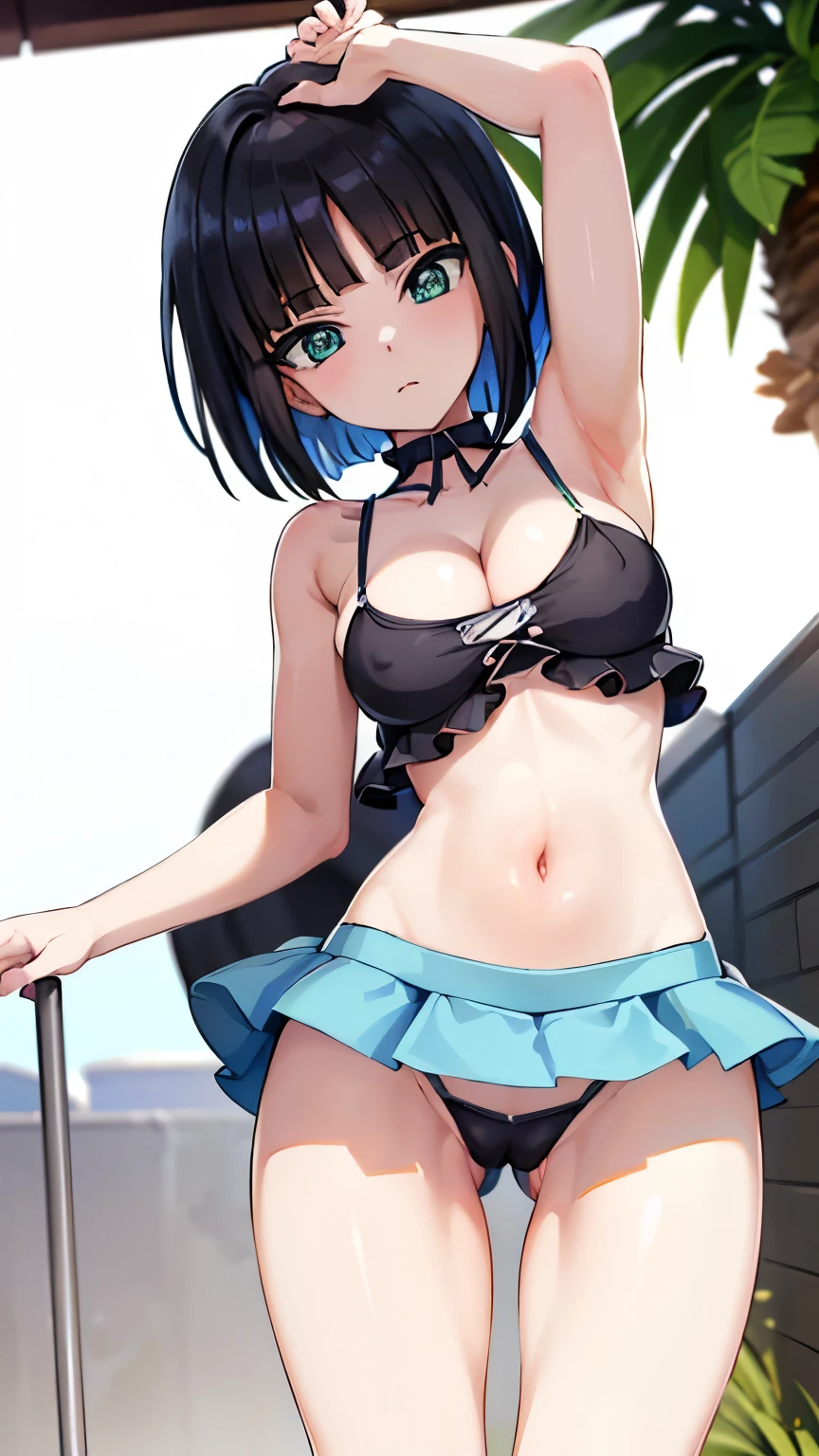 (High reality photograph, high resolusion, detailed face, detailed eyes), 1girl, (gaunt, short stature:1.5), 20 years old, (urbikini:1.5), cute face, (cameltoe:1.3), (narrow waist:1.4), (thin legs:1.4), (big breasts:1.5), (Showcasing all cleavage:1.6), (emerald eyes:1.1), (cute eyes:1.4), (pale skin:1.4), (shiny skin:1.4), (armpit:1.3), (open legs:1.4), (full body:1.1), poolside, (erect nipples:1.3)