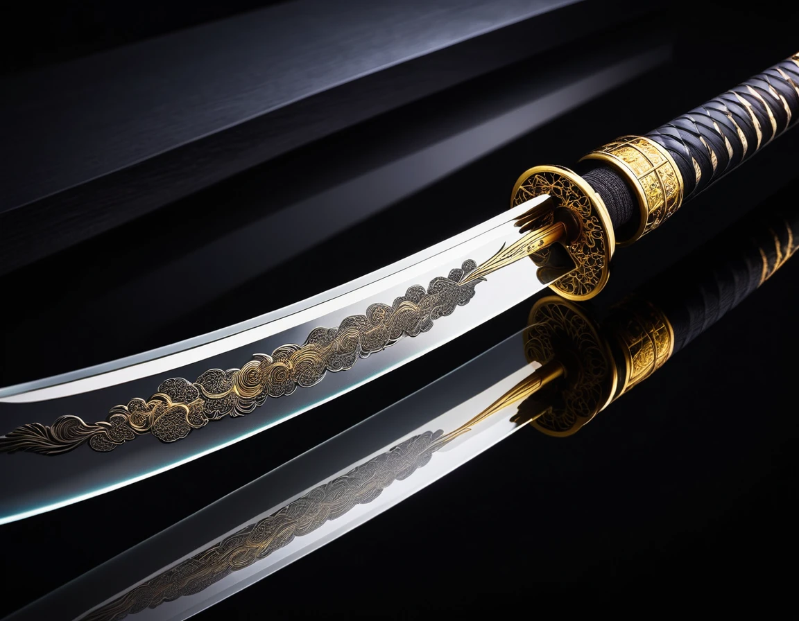 Intricate art capturing the reflection of serene clouds, seemingly suspended, on the mirror-like blade of a Japanese katana, close-up photography brings to light the unique, ultra-sharp focus on this breathtaking visual spectacle, potential grand prize contender at 35awards, background recedes into