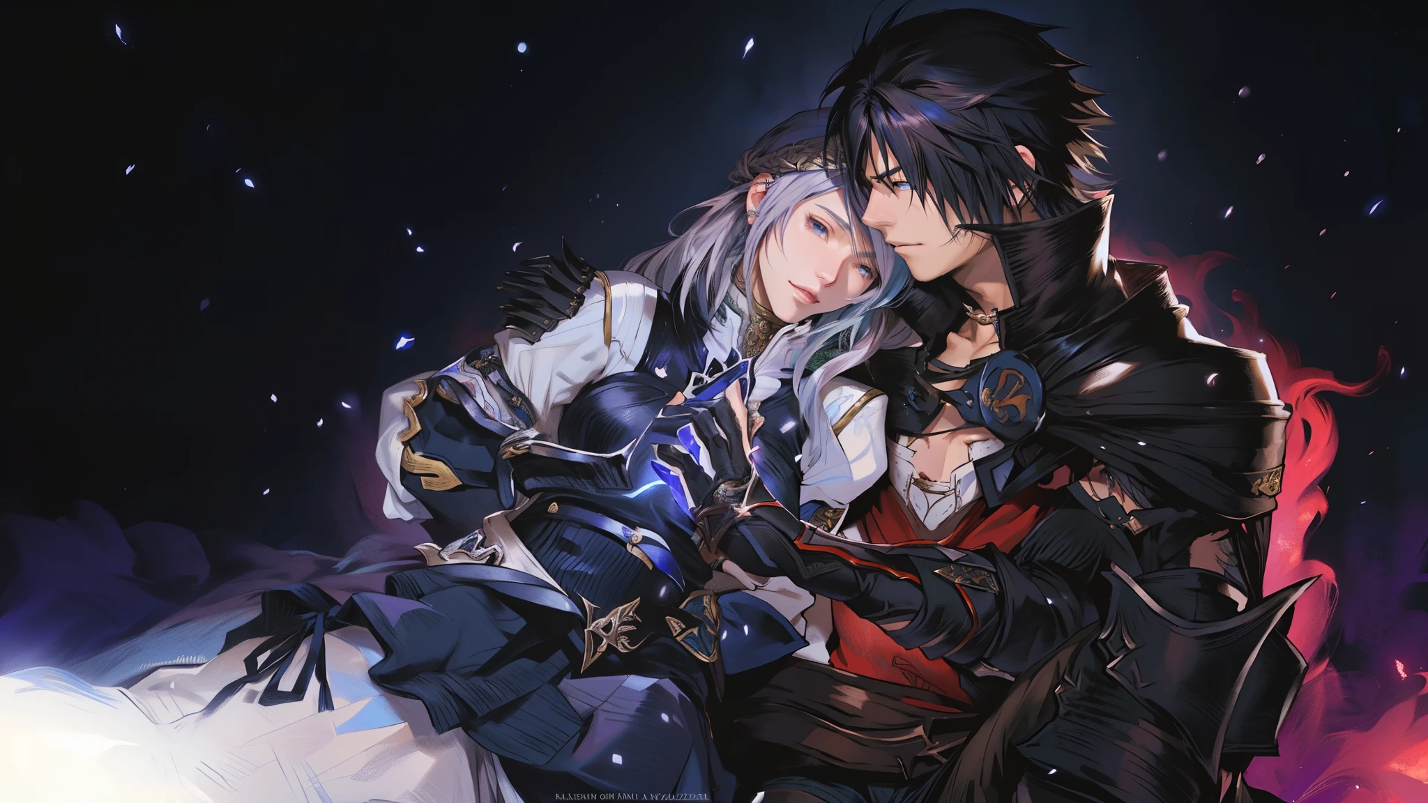 anime, Final fantasy xvi, clive and jill, hombre y mujer abrazados, destellos de fuego y hielo, amor, kazuya takahashi, tetsuya nomura, calidez, insane details.