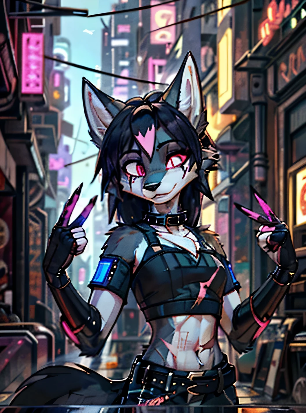 Best quality, masterpiece, ultra high resolution by Pixelsketcher,(((full version))), highwire,wolf girl,pink eyes,blue sclera,eye scar  , scars all over the face  ,black body, fur trim, collar, crop top, belt, gesture, cyberpunk city