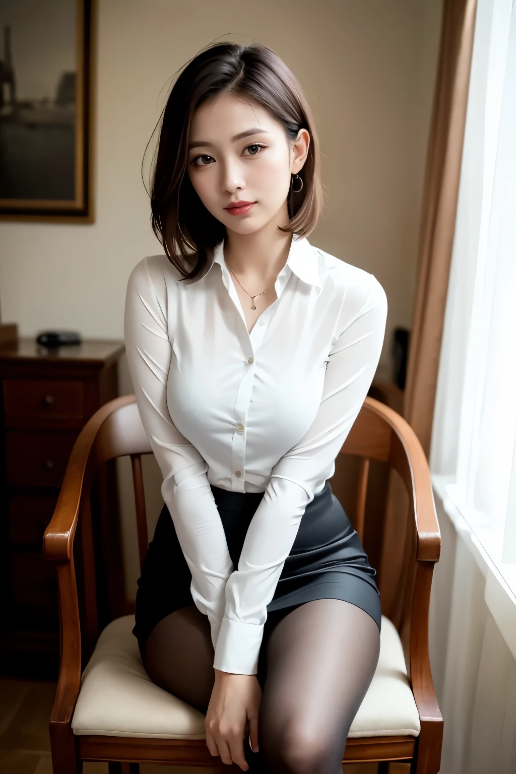 (8K, 最OK品質, On the table:1.2), (Practical, Realism:1.37), Extremely detailed, 1 girl, whole body, outdoor, (Adjust Hair:1.5) Office female staff, Black office blazer, office skirt, (Pantyhose 黑色 :1.2), (Button-down cropped down shirt:1.2), Upcolor prim with button, Colorful down with buttons, OK, (Pantyhose:1.2), Alpha Layer, High heel, beautiful earrings, Lovely, Solitary, Beautiful and detailed sky, (Smile:1.15), (Shut up), Small Breasts, Beautiful and delicate eyes, business attire, (Naked meat,ear length short hair:1.2), Flowing HairNovaFrogStyle,