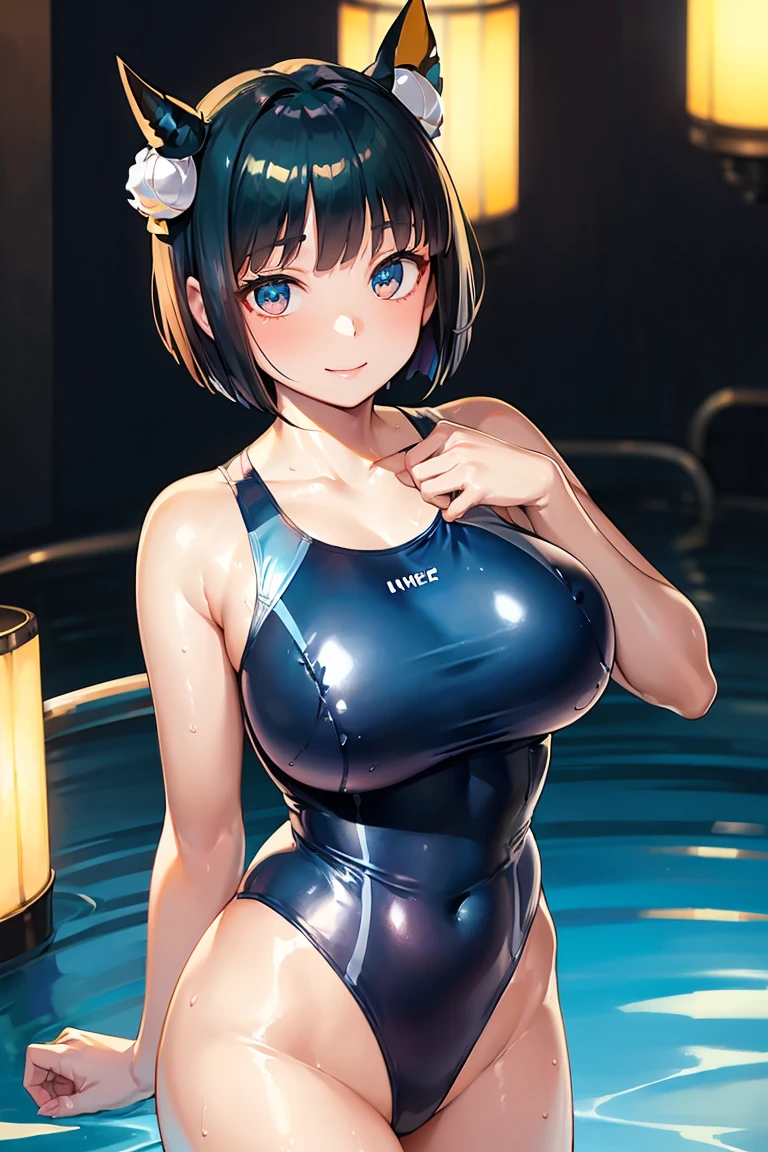 extremely detailed CG, super detailed skin, perfect anatomy, dynamic lighting, beautiful detailed eyes, Top quality、Realistic、woman、about 40 yo、Beautiful Eyes、Symmetrical eyes、A big smile、(Big breasts bigger than face、Plump body、Curvy Body:1)、Short Hair、Black Hair、Iris、 (hime_cut:1.8), (blue one-piece swimsuit:1.6), (Shiny skin、Glowing Skin、High gloss skin:1.4)、Walking、