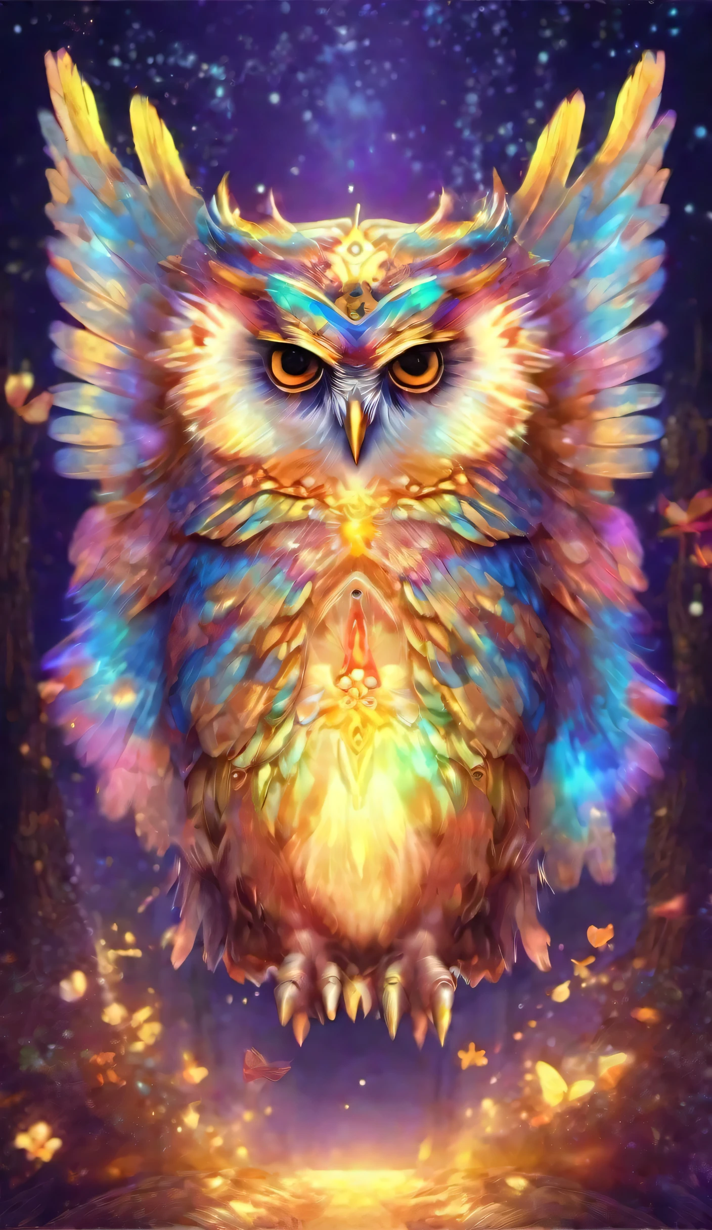 Luminous art owl in fairy costume, psychedelic,god々New Background,god mysterious background,Dignified,gold