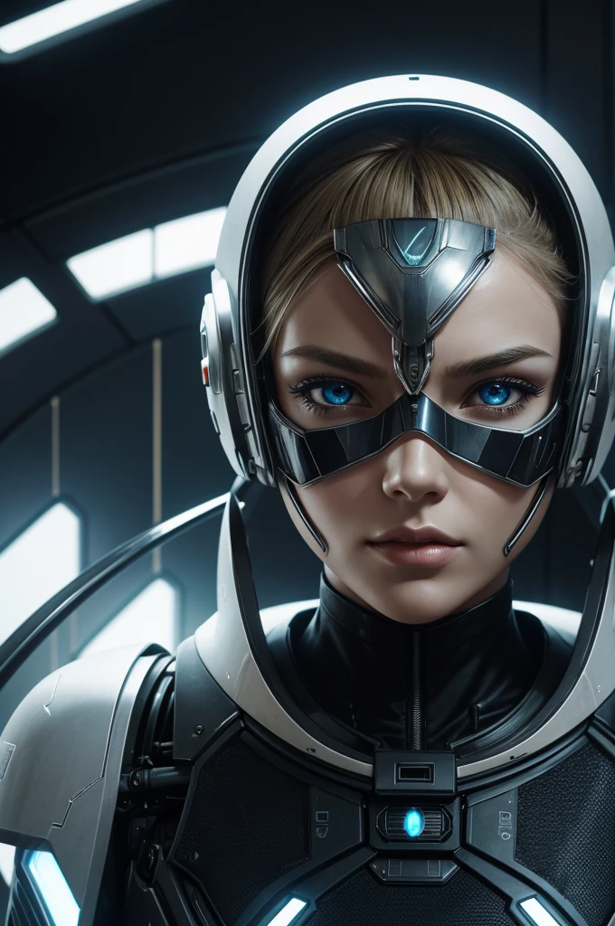 best quality, Portrait of a beautiful woman i Futuristic mask inspired by mask, detail, Kaneko, silver, Transparent limestone, Stone, scarab, Microchip, cable, Electric glow, Retro-futurism, Space colony in the background, Mechanical Girl, experimental and futuristic cybernetic detail, Energetic, Star-Trek, ultra modern, Movie, Super detailed, professional. Control theory, Human-machine integration, Dystopia, Very detailed, Eyes covered by a transparent mask, Transparent eye protection, blond, scandinavian style