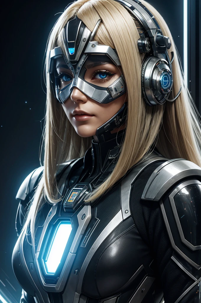 best quality, Portrait of a beautiful woman i Futuristic mask inspired by mask, detail, Kaneko, silver, Transparent limestone, Stone, scarab, Microchip, cable, Electric glow, Retro-futurism, Space colony in the background, Mechanical Girl, experimental and futuristic cybernetic detail, Energetic, Star-Trek, ultra modern, Movie, Super detailed, professional. Control theory, Human-machine integration, Dystopia, Very detailed, Eyes covered by a transparent mask, Transparent eye protection, blond, scandinavian style