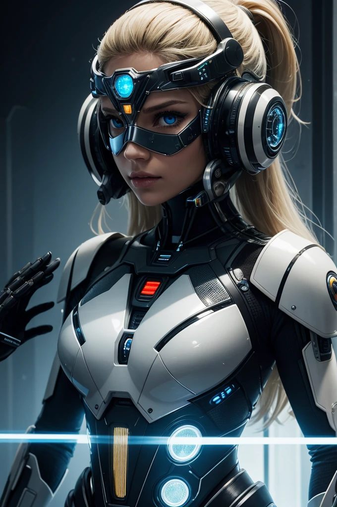 best quality, Portrait of a beautiful woman i Futuristic mask inspired by mask, detail, Kaneko, silver, Transparent limestone, Stone, scarab, Microchip, cable, Electric glow, Retro-futurism, Space colony in the background, Mechanical Girl, experimental and futuristic cybernetic detail, Energetic, Star-Trek, ultra modern, Movie, Super detailed, professional. Control theory, Human-machine integration, Dystopia, Very detailed, Eyes covered by a transparent mask, Transparent eye protection, blond, scandinavian style