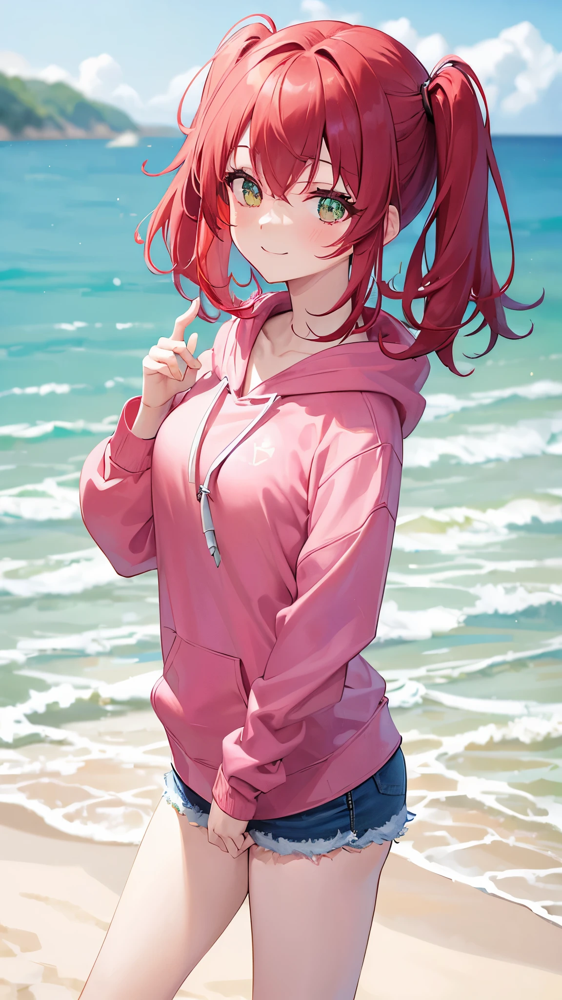 (((two side up))),Red hair,emerald eye,Posing,Plain pink long hoodie,Denim shorts,Close ~ eyes,smile,studio,((solo)).((medium hair:1.2)),((tareme:1.3)),big eye,Sandy Beach,coastal,