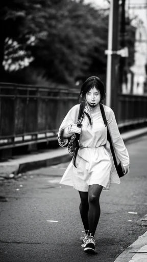 A female zombie is walking、Monochrome