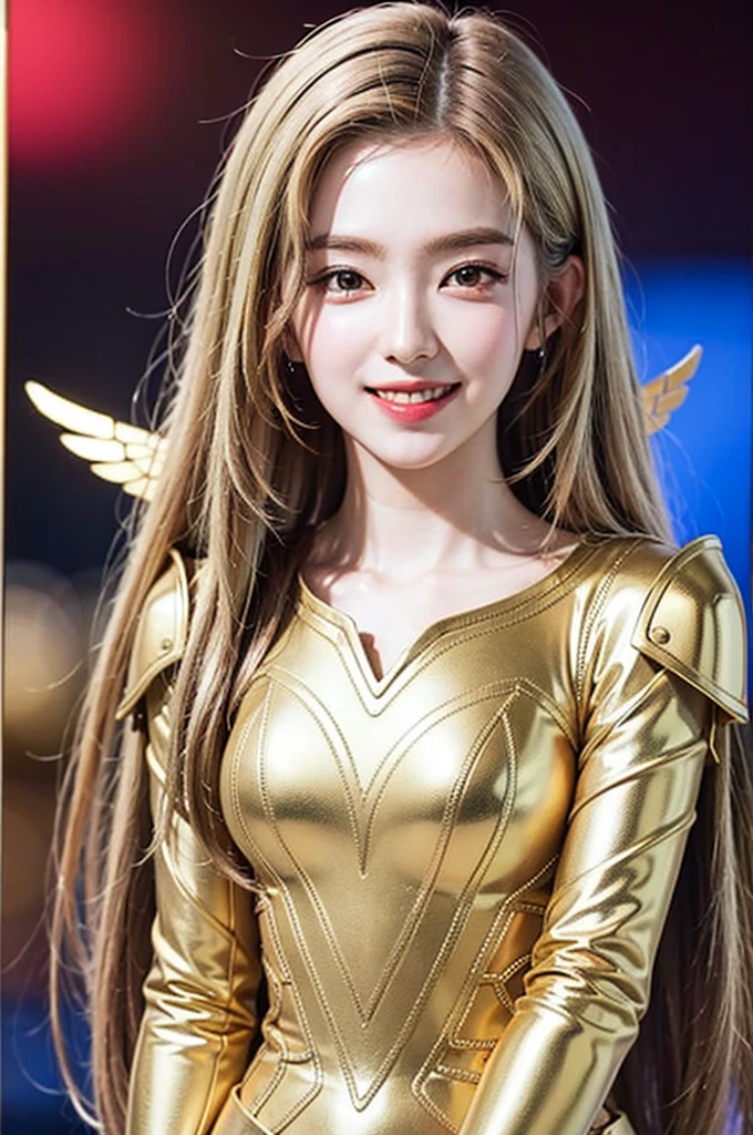 Golden armor, Long blond hair, Golden pupils, Golden glow background, Gold transparent wings, Smile, There are two dots on the forehead, One blue and one red, Flashing notes, Girl