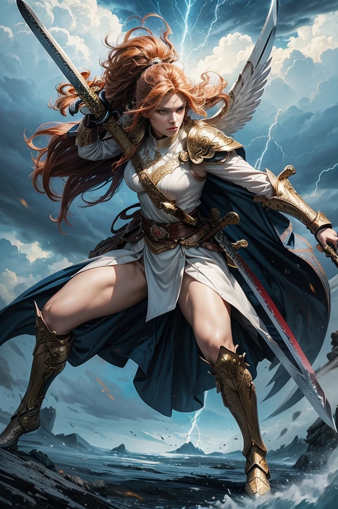 flat colors,glorious victory scene,vivid colors,beautiful vintage warrior woman with very big white open wings,beautiful angry face,curly long hair,((((wielding 1 sword in defense position)))), white armor with gold embroid details, dynamic pose, storm sky and lightning clouds background