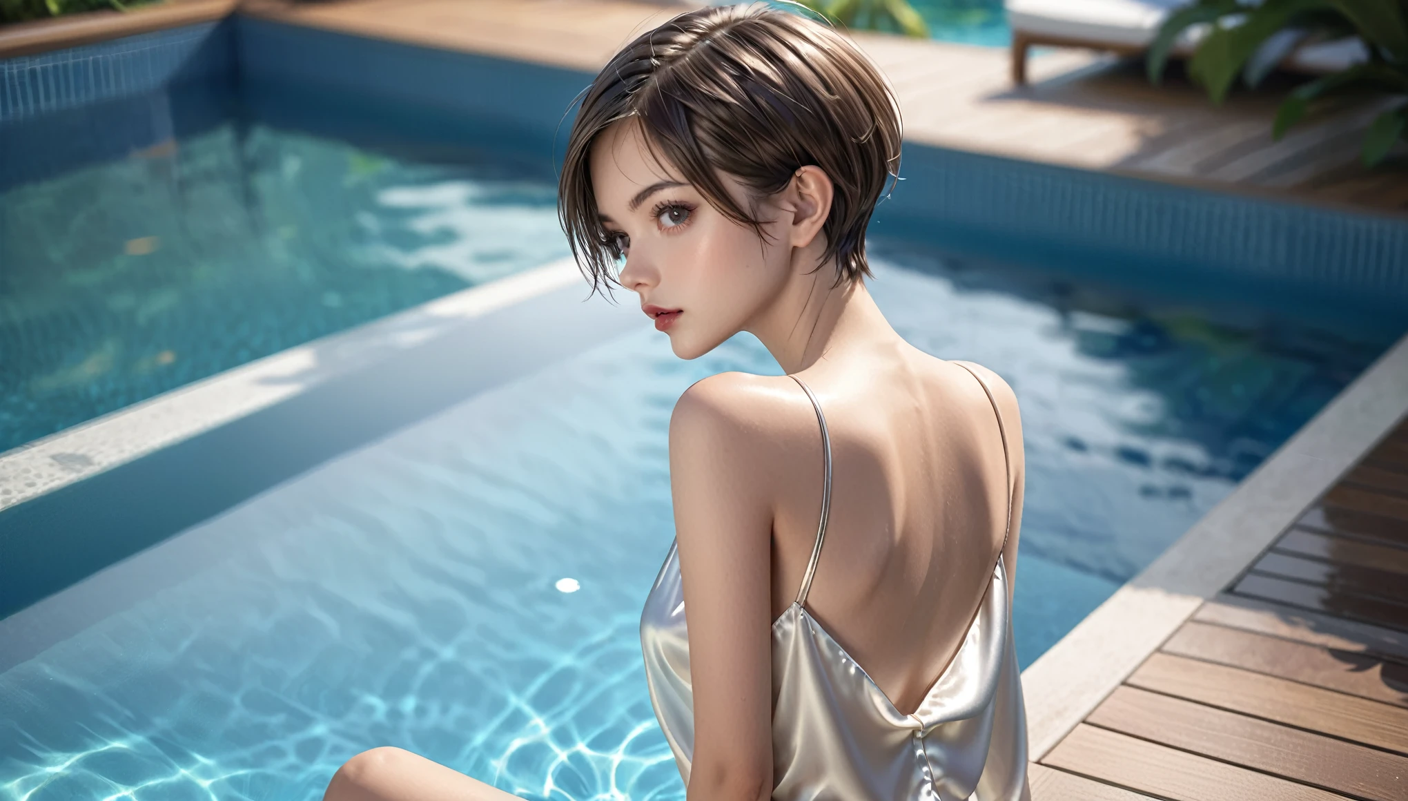 Top Quality, Masterpiece, High Resolution, 8k, (((skinny girl, oversized shiny satin shirt,  deep neckline, bare back, small perky breasts, beautiful detailed eyes, beautiful detailed lips, small closed mouth, extremely detailed face, pixie asymmetrical hair, small hips, full body sitting at the pool)))