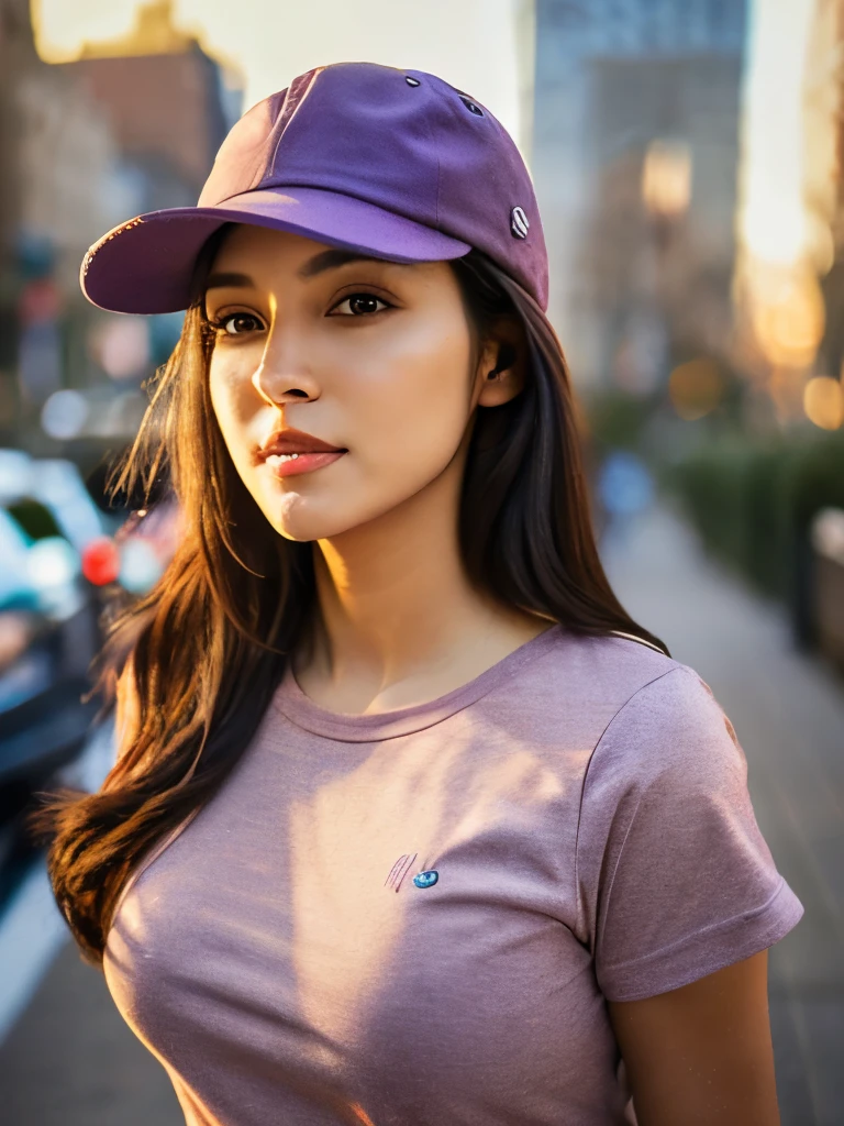 Professional looking photo mockup for a Bella canvas t shirt, a adult age 22 urban hispanic woman wearing a plain, heather team purple color t shirt and a yankee hat, front  view for the photo, a NYC  background that has a blurred portrait effect 